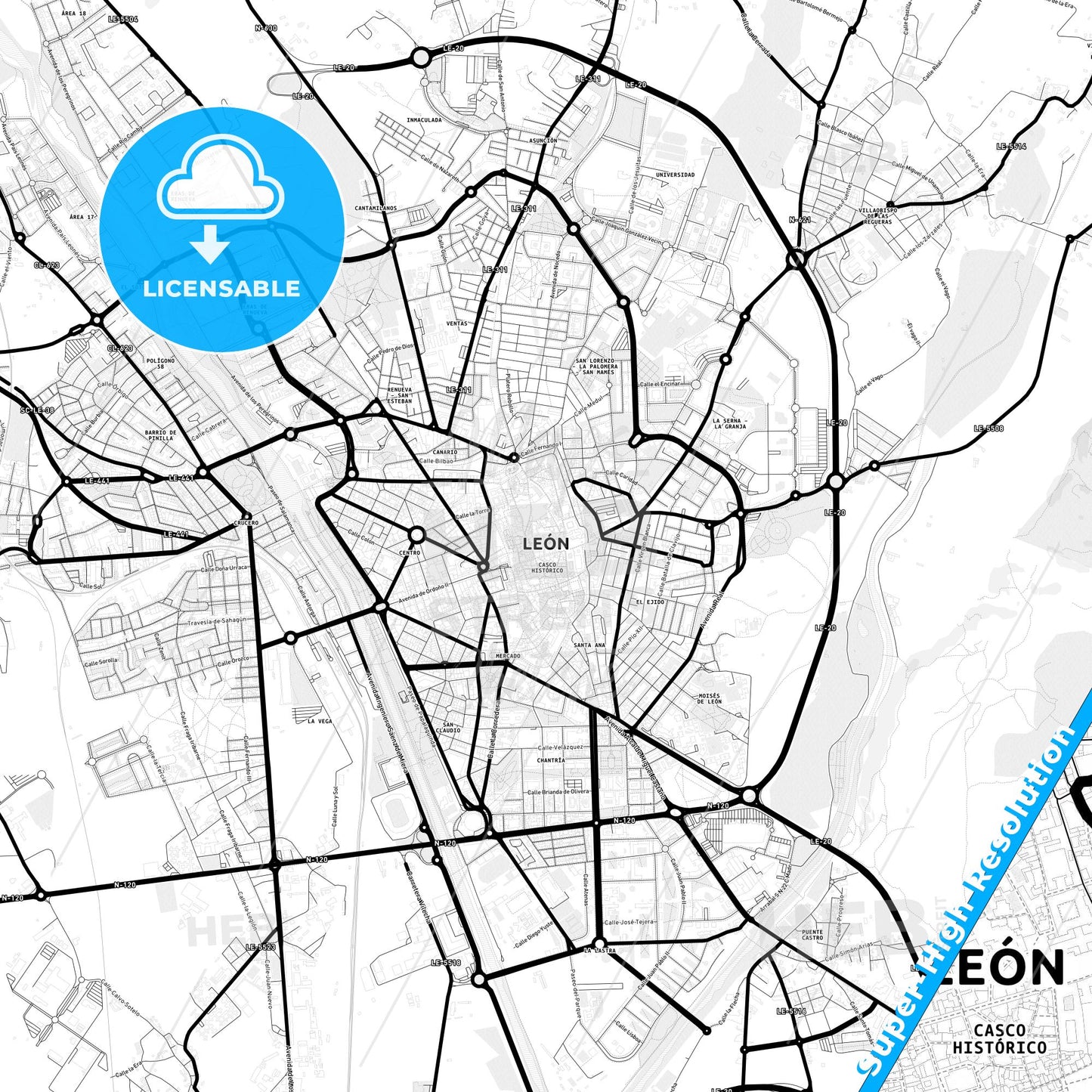 León, Spain Light Map with Street Names, City Names, and Districts