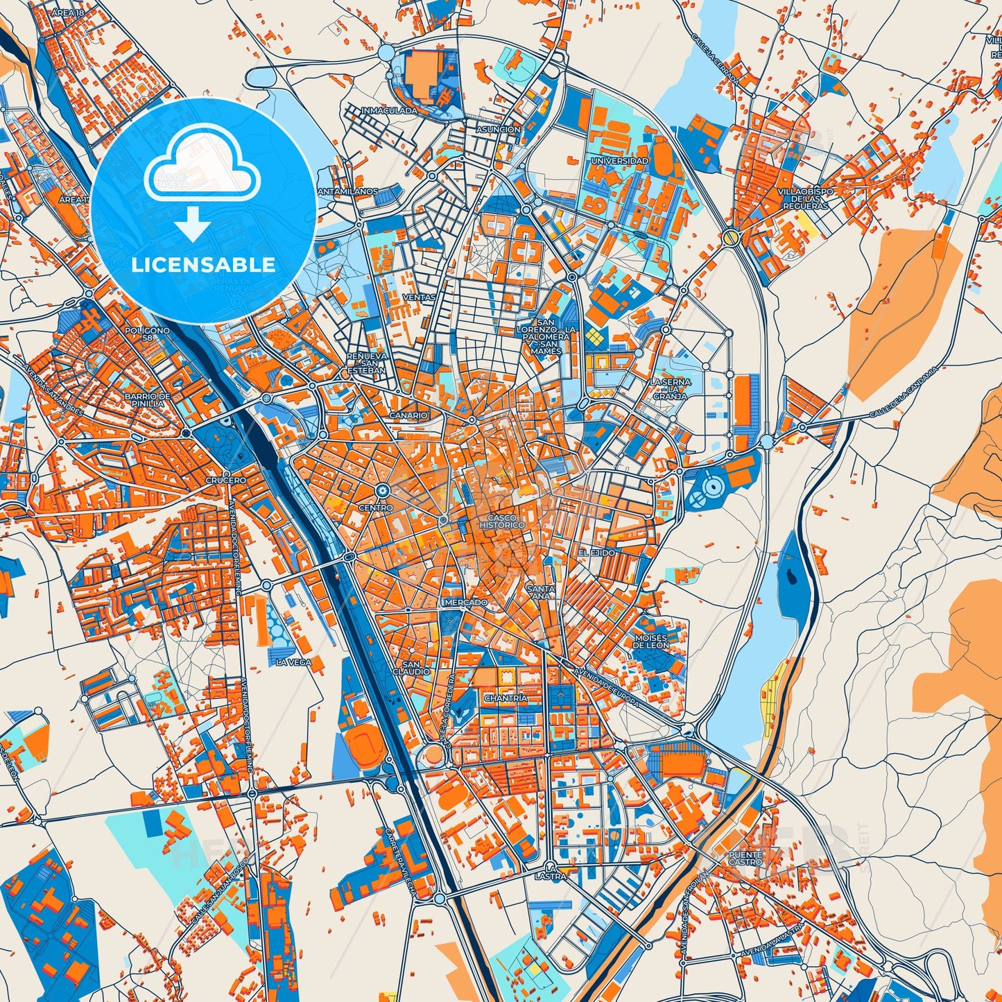 Colorful León Street Map with Labels and Buildings