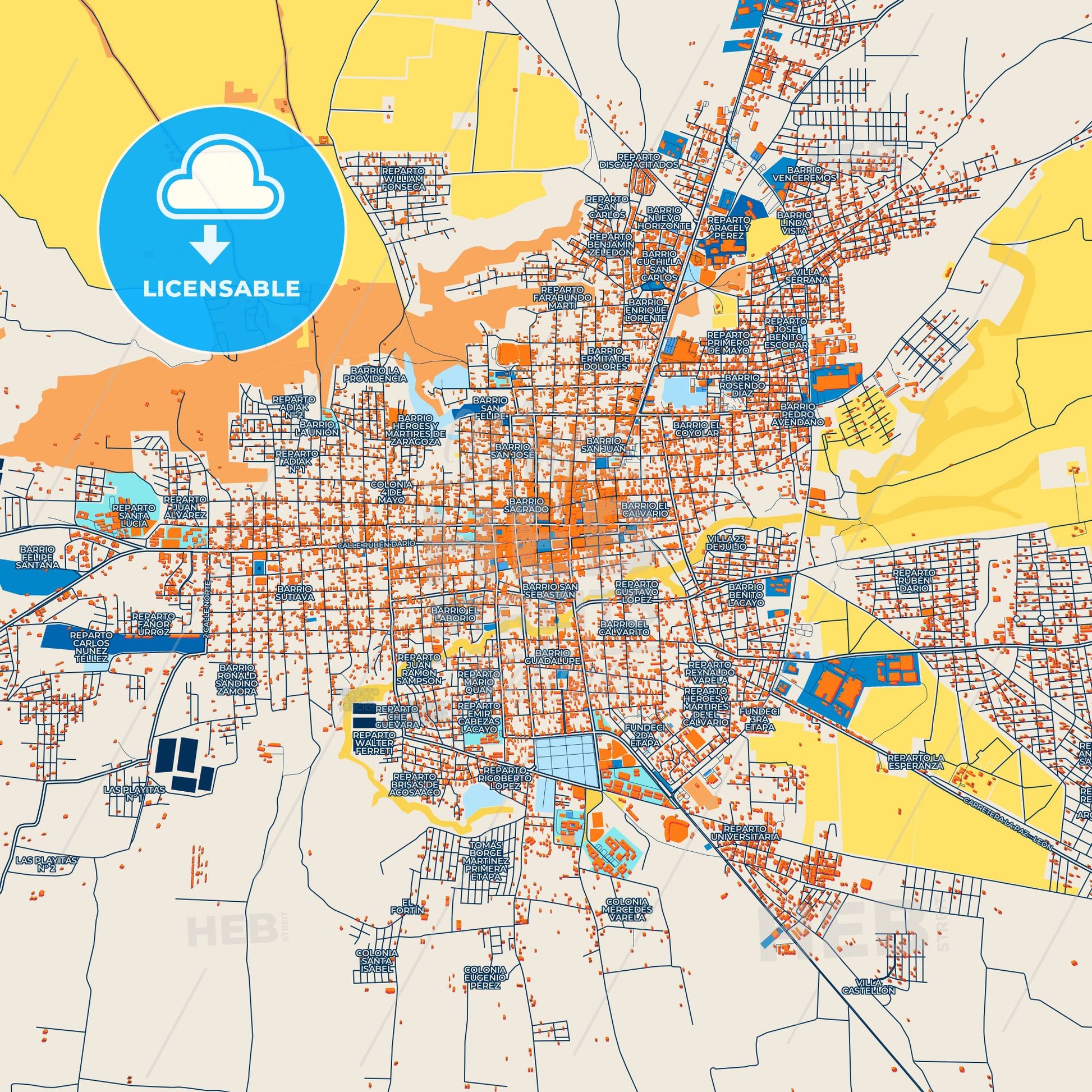 Colorful León Street Map with Labels and Buildings