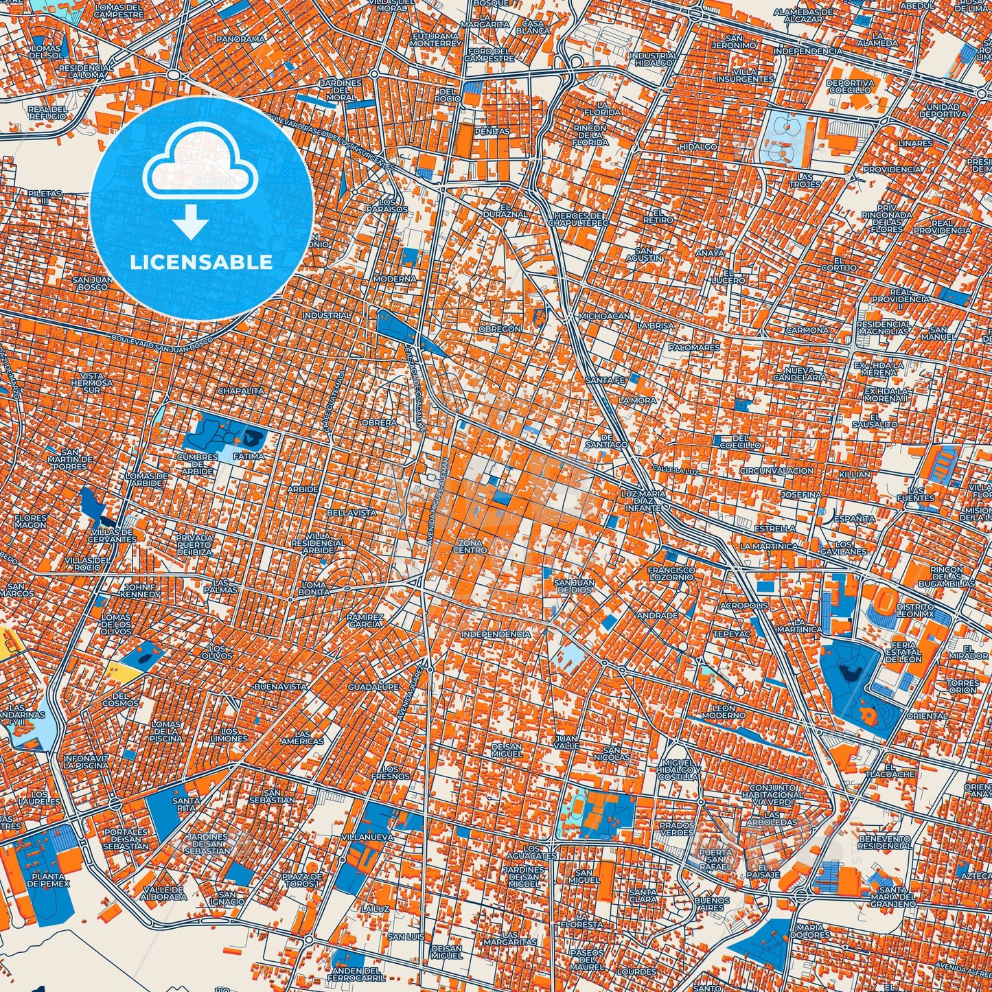 Colorful León Street Map with Labels and Buildings
