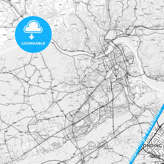 Leonding, Austria light map with streetnames, citynames and districts
