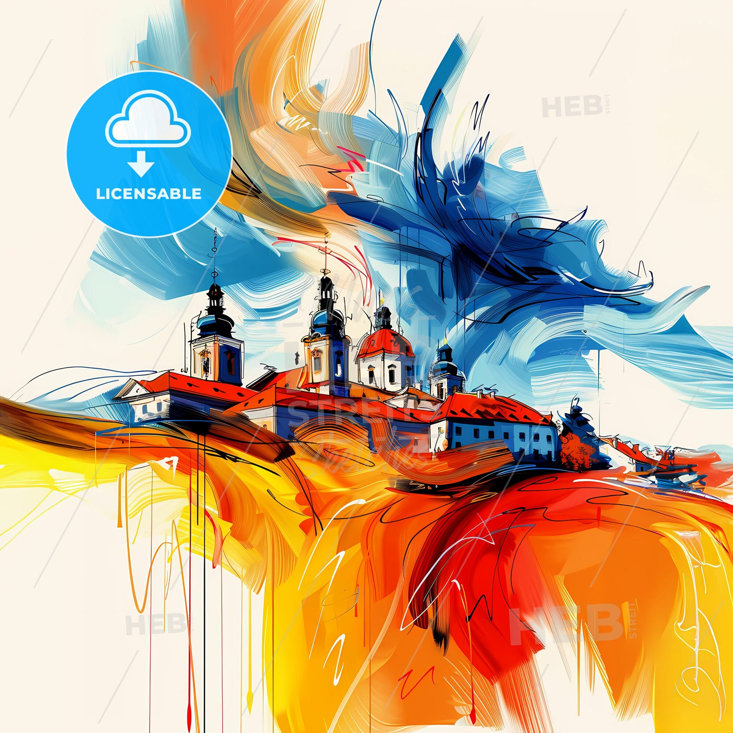 Vibrant Leonding, Austria - A Painting Of A Building With A Colorful Background