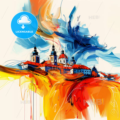 Vibrant Leonding, Austria - A Painting Of A Building With A Colorful Background