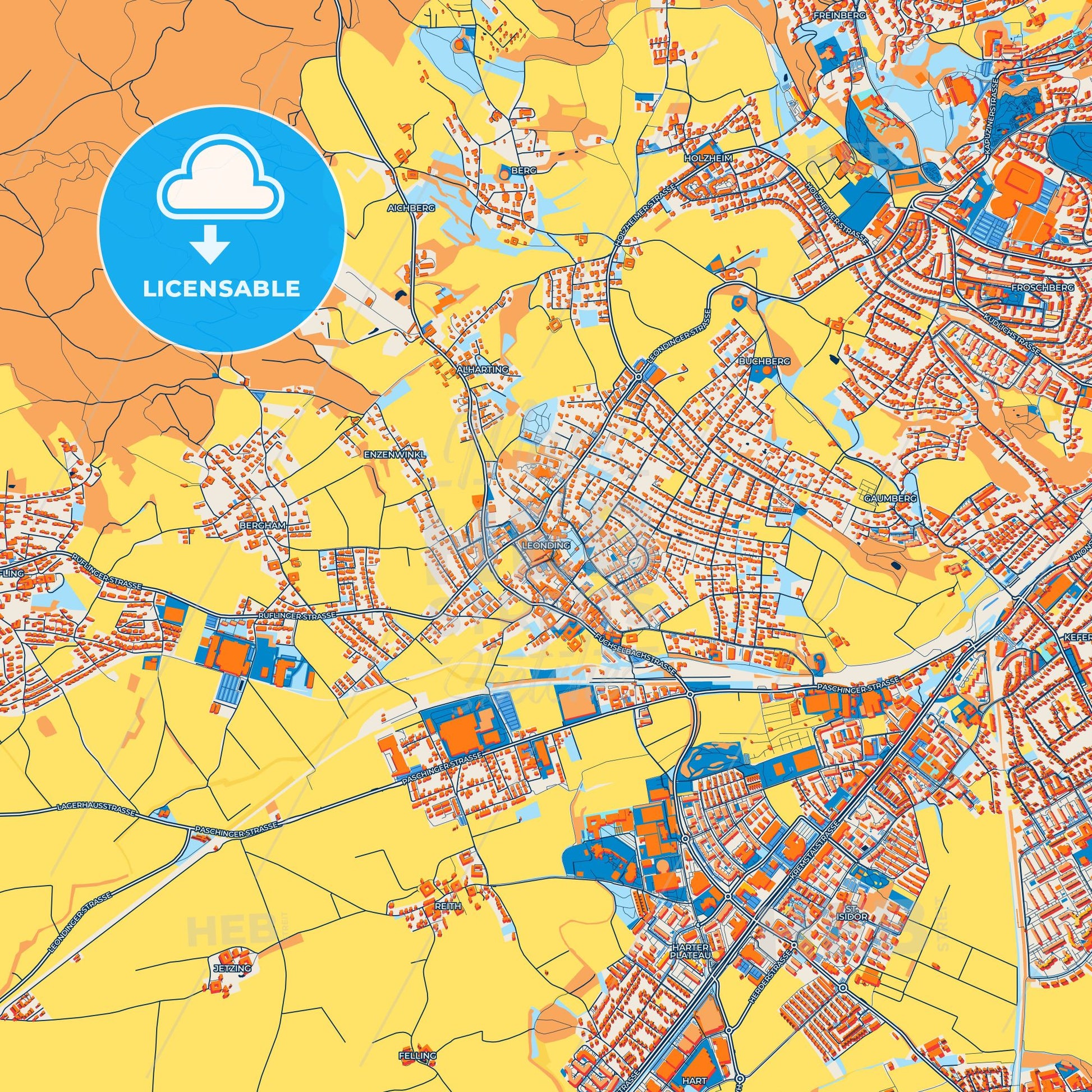 Colorful Leonding Street Map with Labels and Buildings