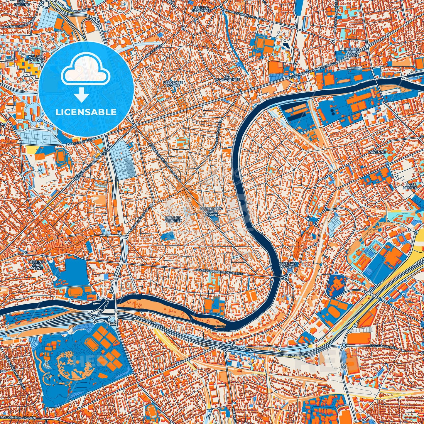 Colorful Le Perreux-sur-Marne Street Map with Labels and Buildings