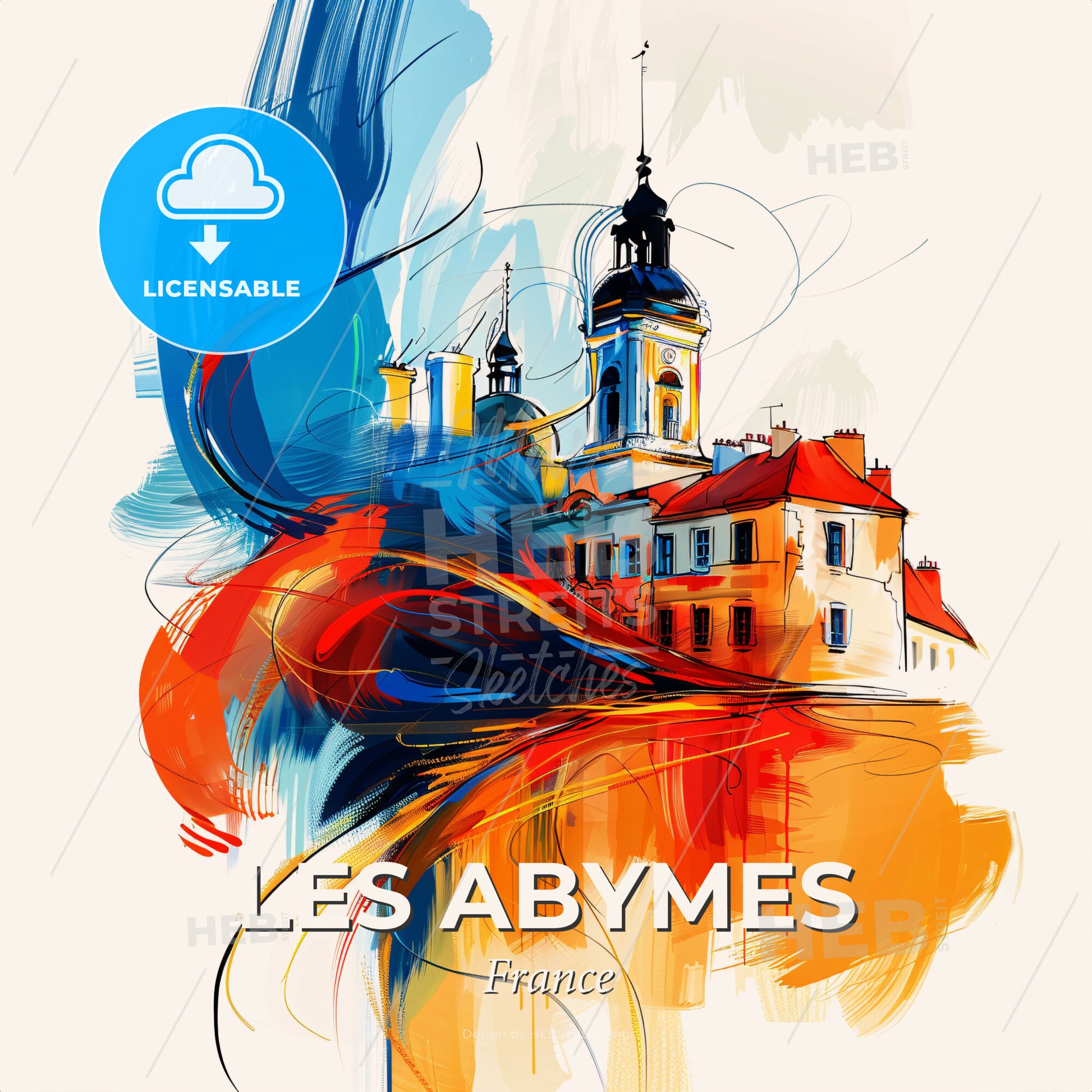 Vibrant Les Abymes, France - A Painting Of A Building With A Tower And Colorful Paint - Square format print template