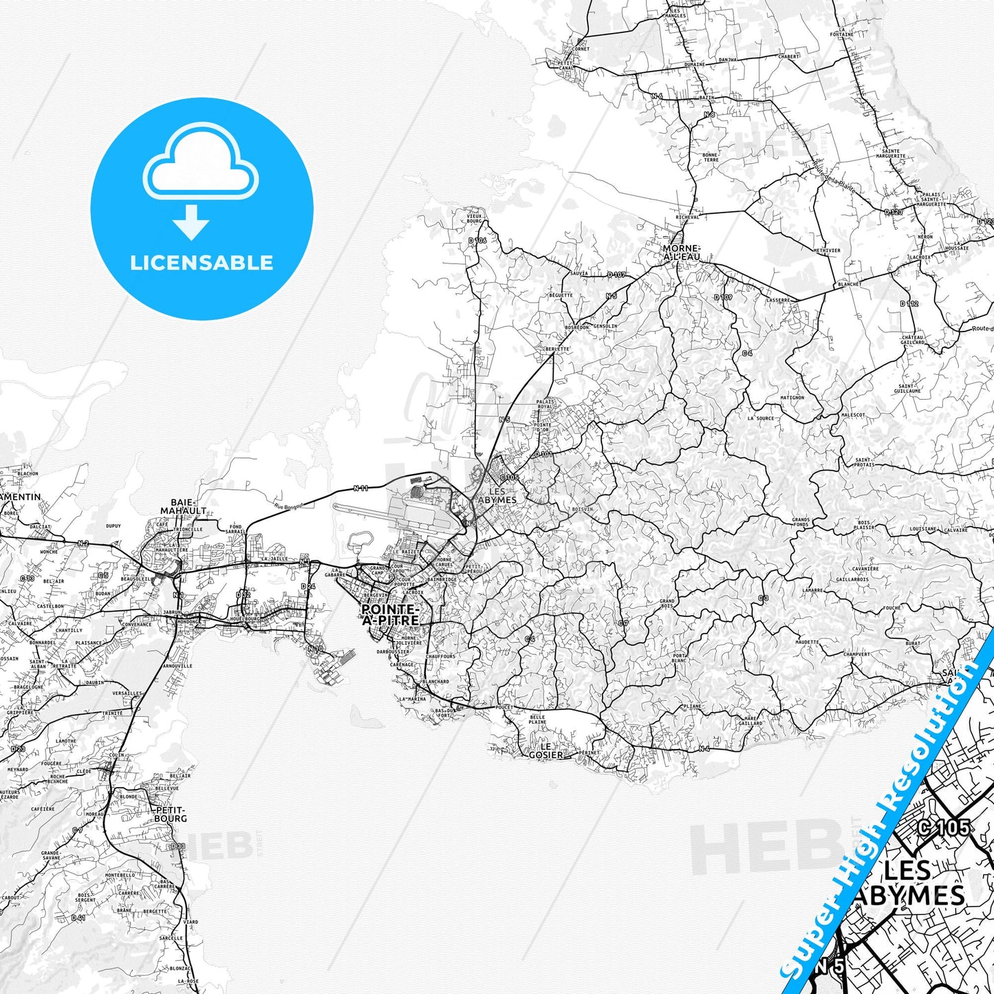 Les Abymes, France light map with streetnames, citynames and districts