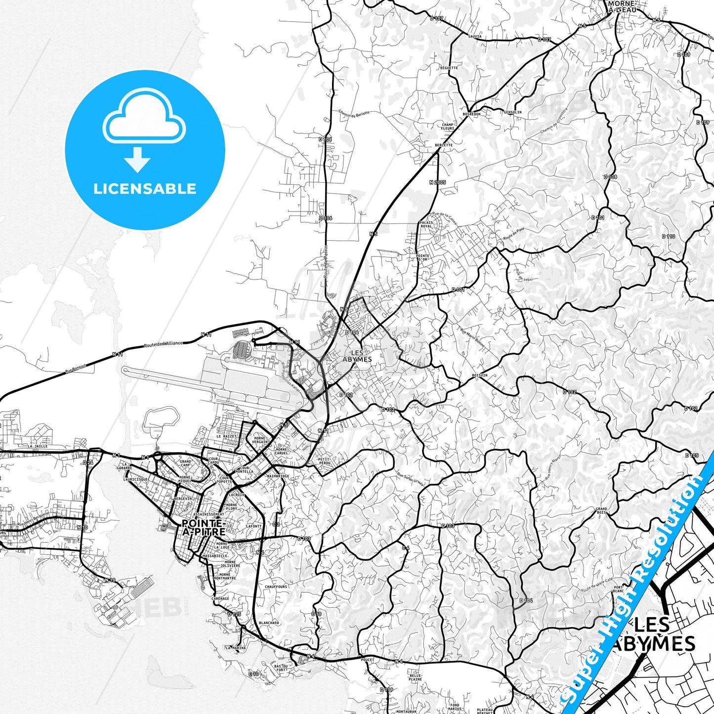 Les Abymes, France Light Map with Street Names, City Names, and Districts