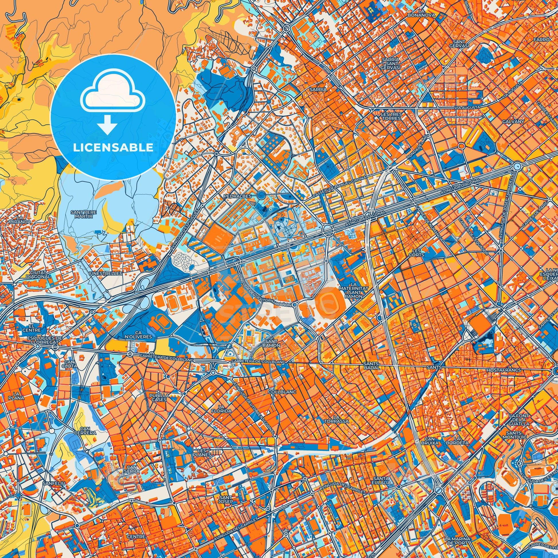 Colorful les Corts Street Map with Labels and Buildings