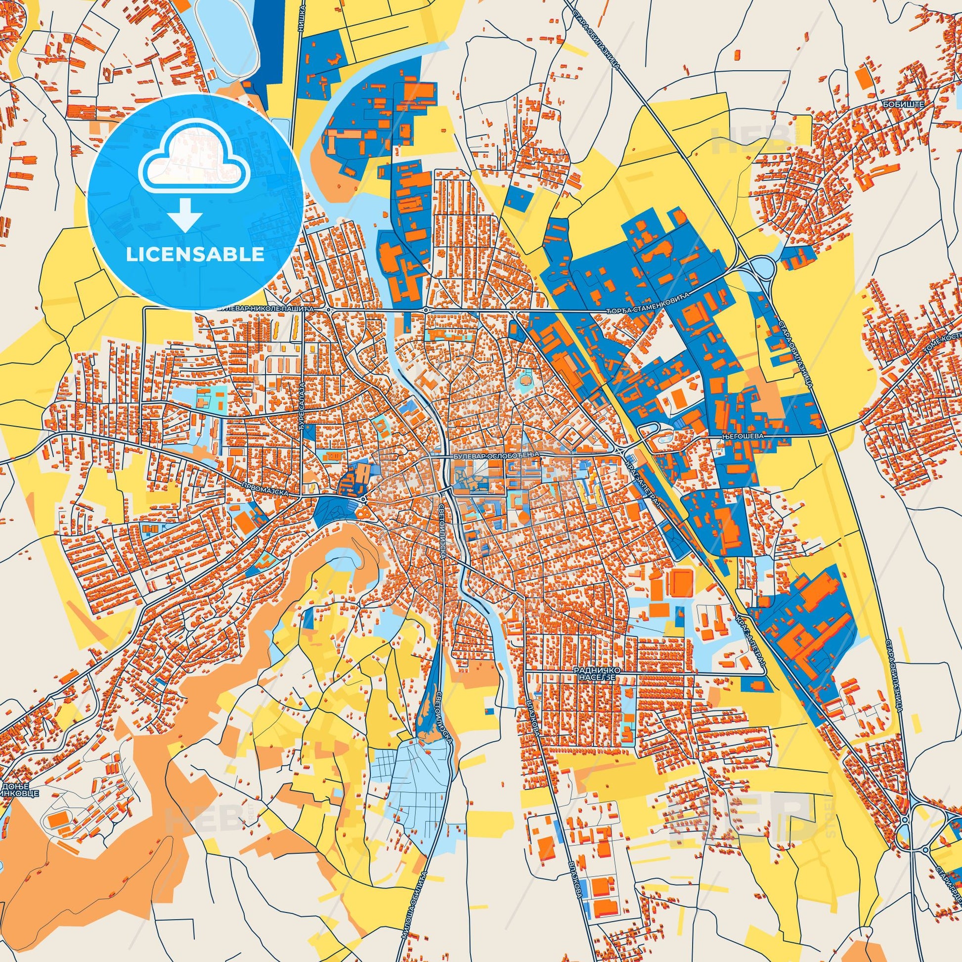 Colorful Leskovac Street Map with Labels and Buildings