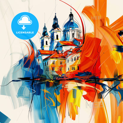 Vibrant Лесковац, Serbia - A Painting Of A Building With Towers And A Red Circle