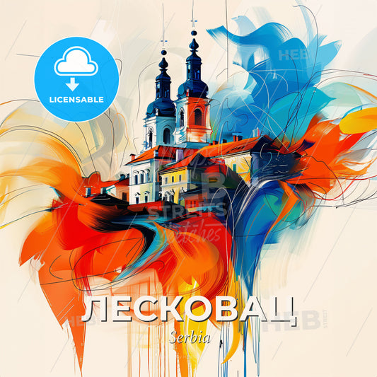 Vibrant Лесковац, Serbia - A Painting Of A Building With Colorful Paint Splashes - Square format print template