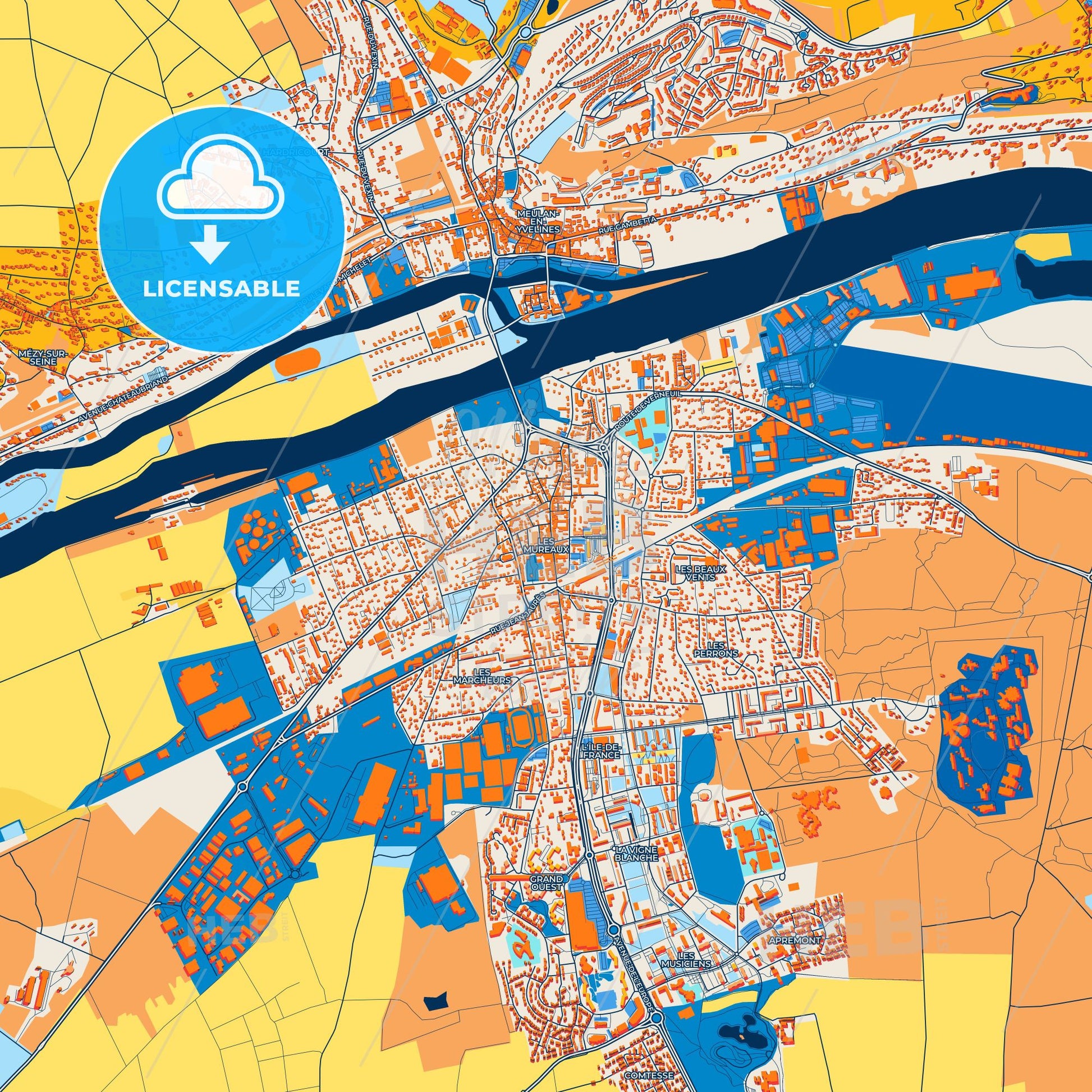Colorful Les Mureaux Street Map with Labels and Buildings