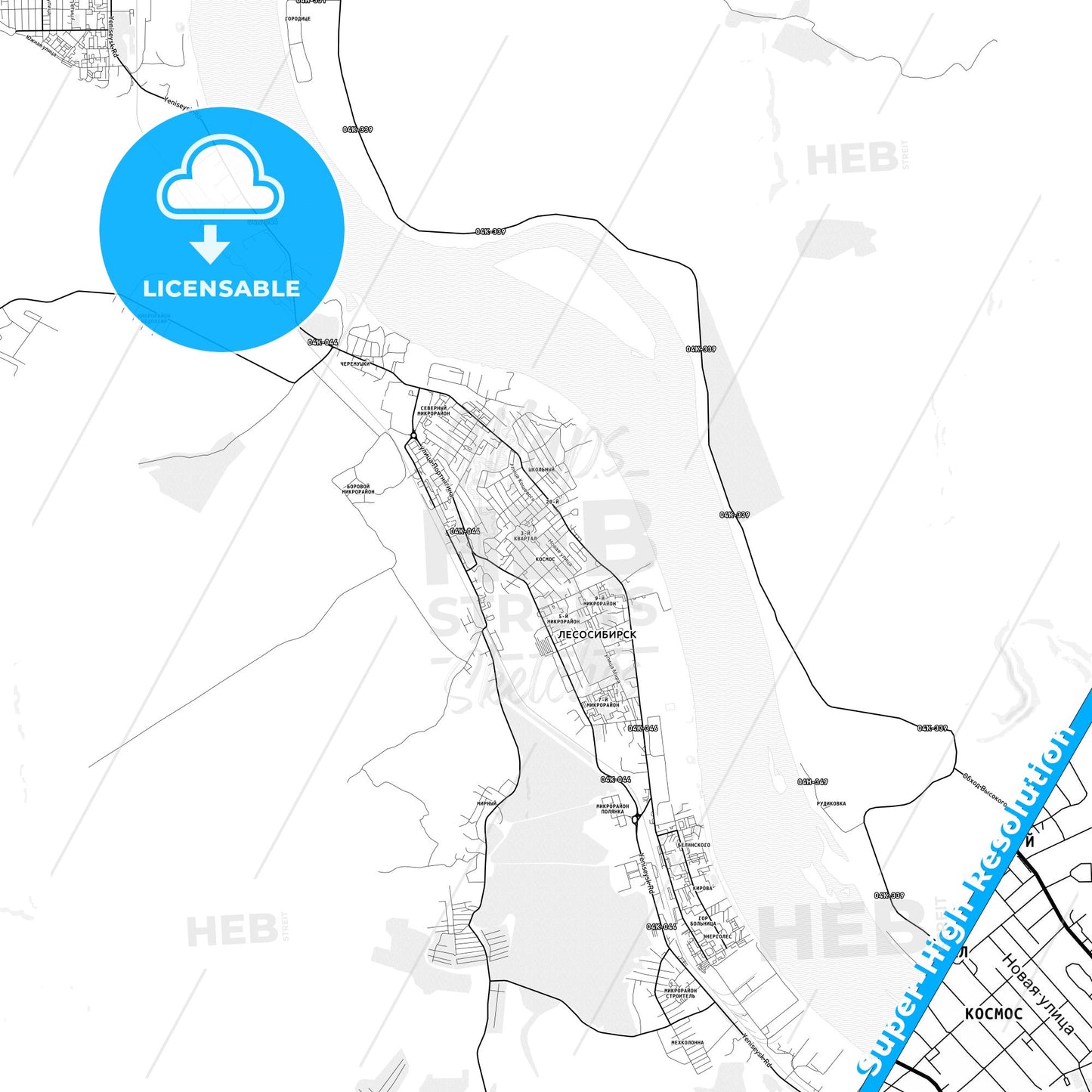 Lesosibirsk, Russia light map with streetnames, citynames and districts