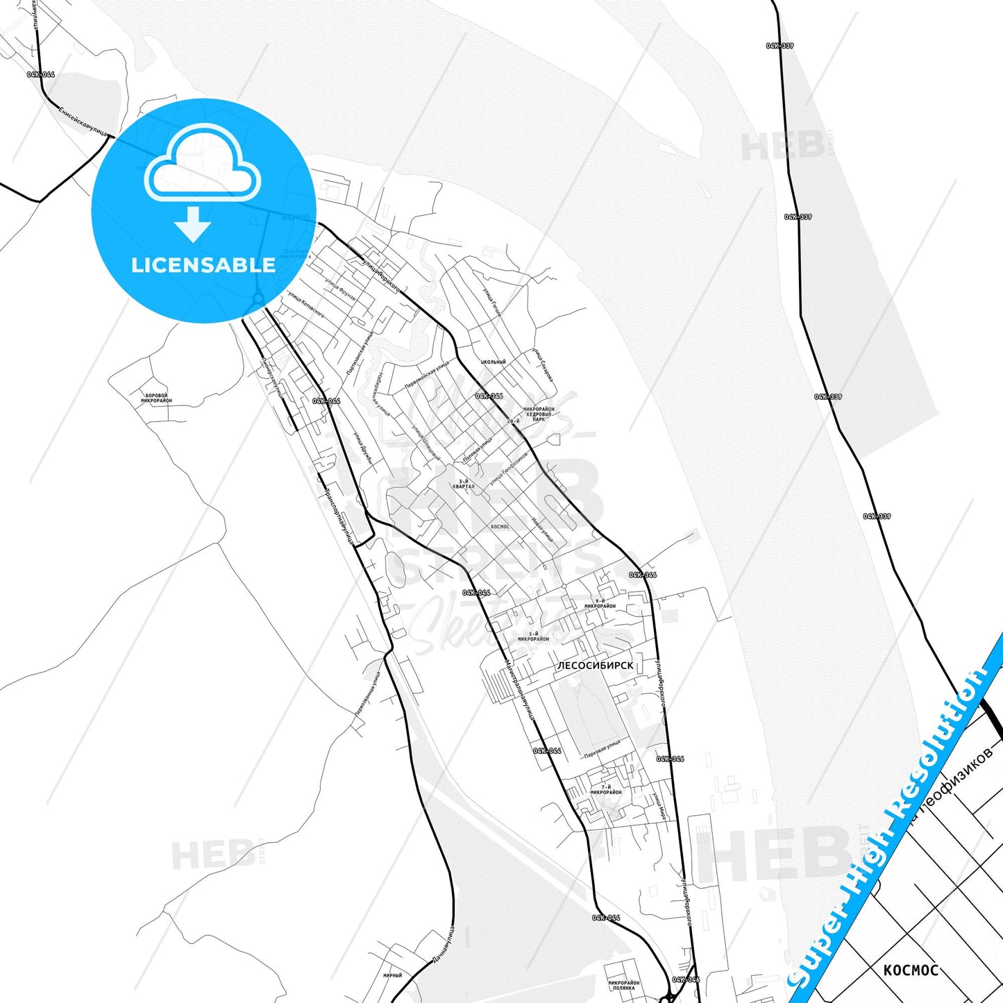 Lesosibirsk, Russia Light Map with Street Names, City Names, and Districts