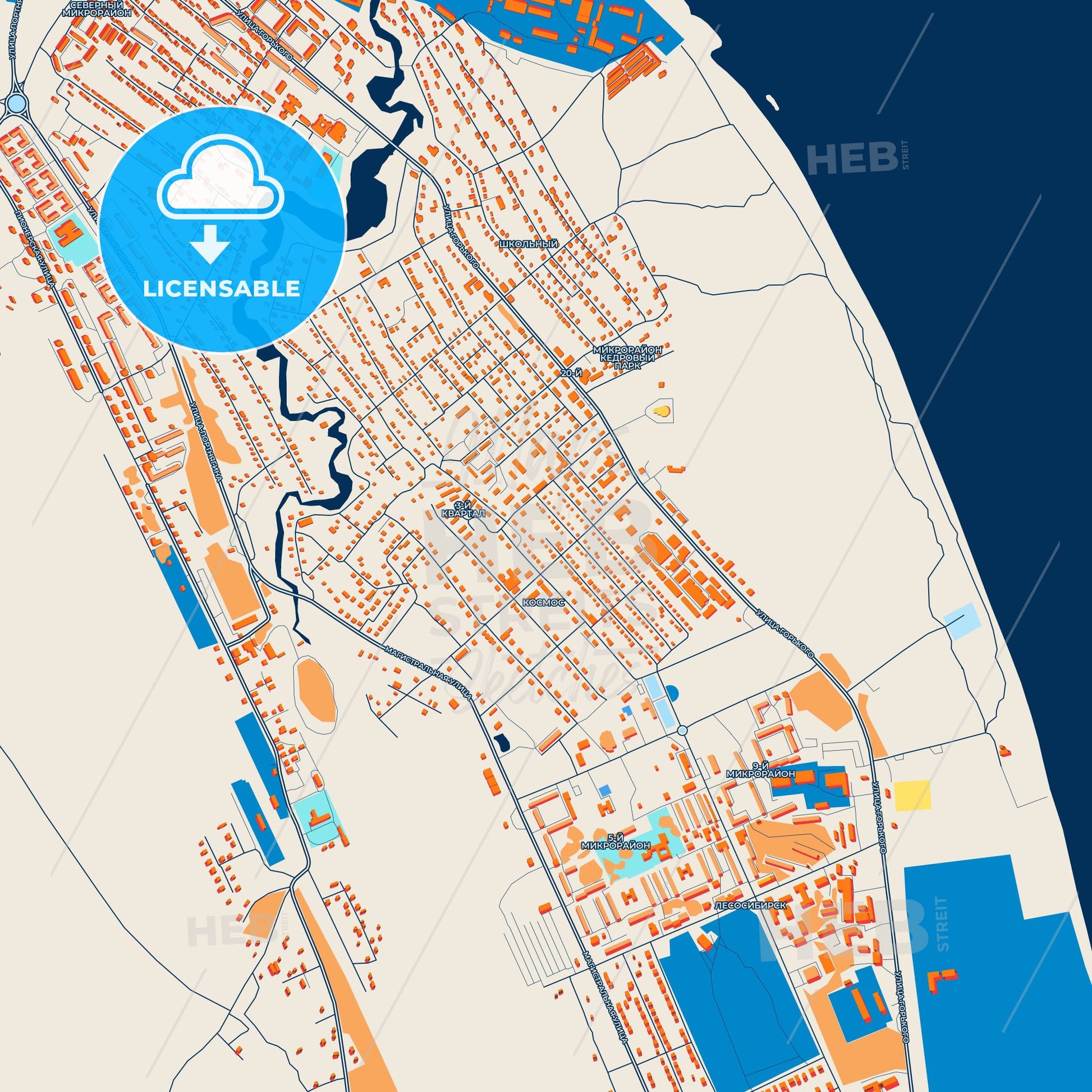 Colorful Lesosibirsk Street Map with Labels and Buildings