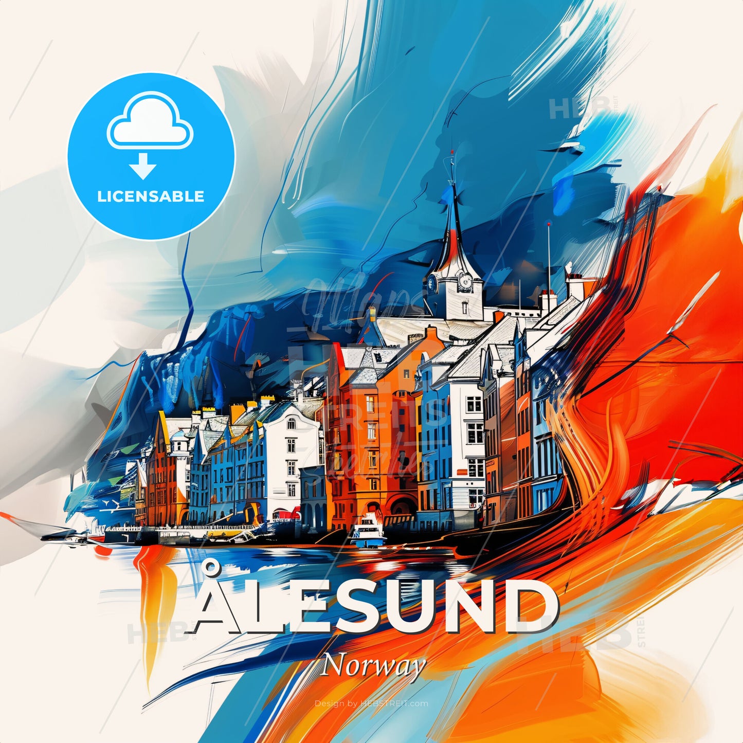 Vibrant Ålesund, Norway - A Colorful Painting Of Buildings And A River - Square format print template
