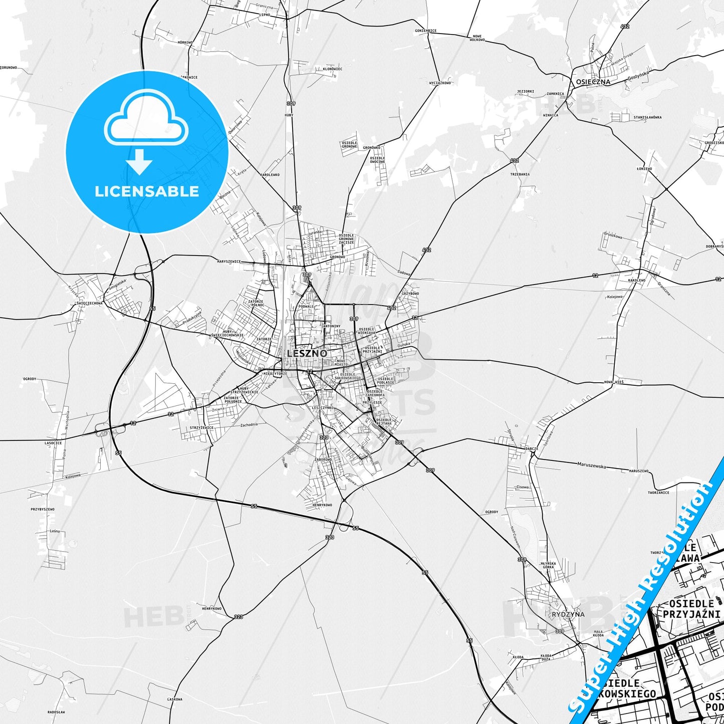 Leszno, Poland light map with streetnames, citynames and districts