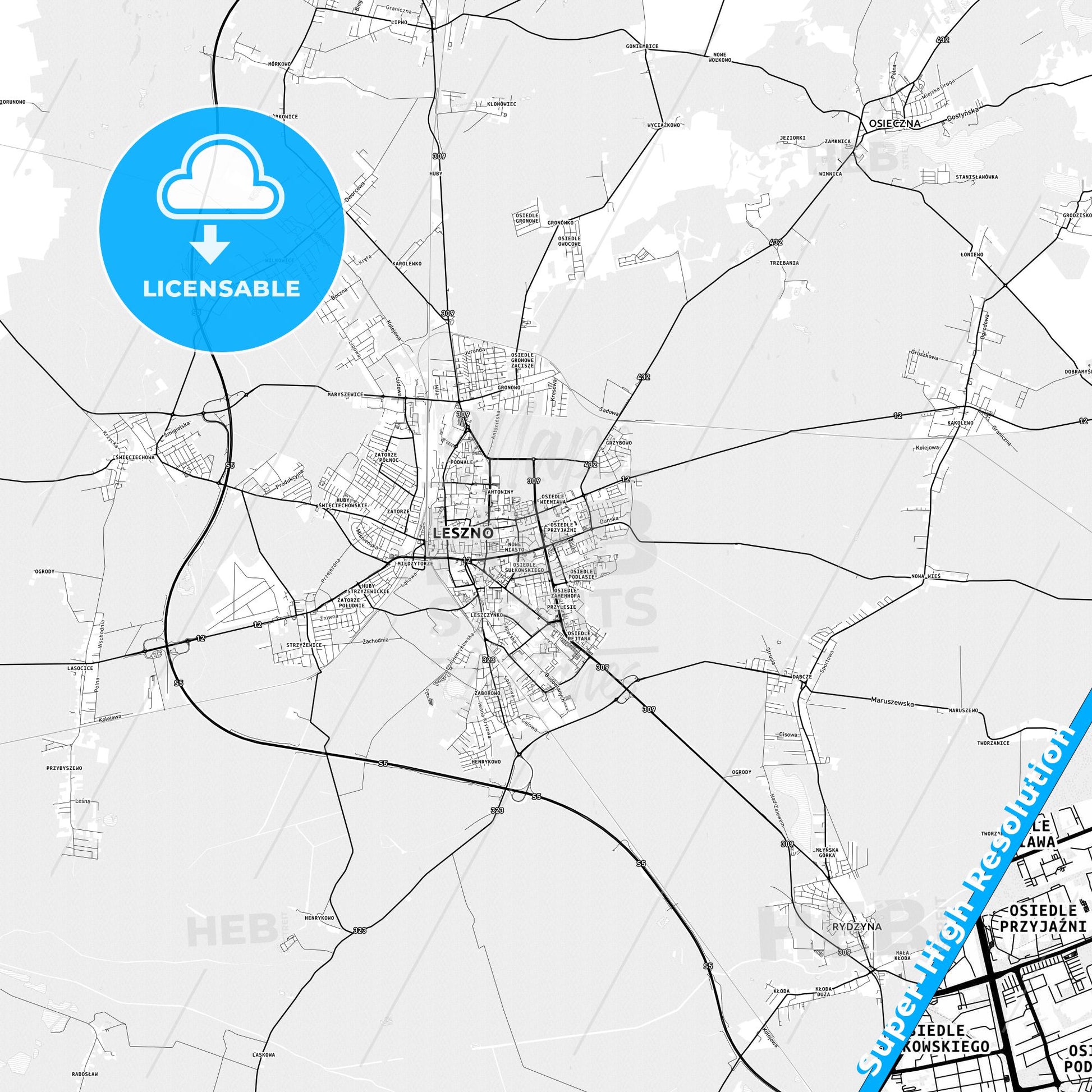 Leszno, Poland light map with streetnames, citynames and districts