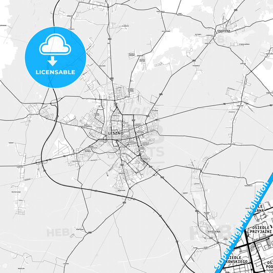 Leszno, Poland light map with streetnames, citynames and districts