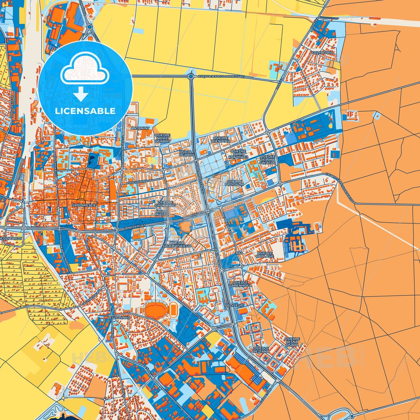 Colorful Leszno Street Map with Labels and Buildings