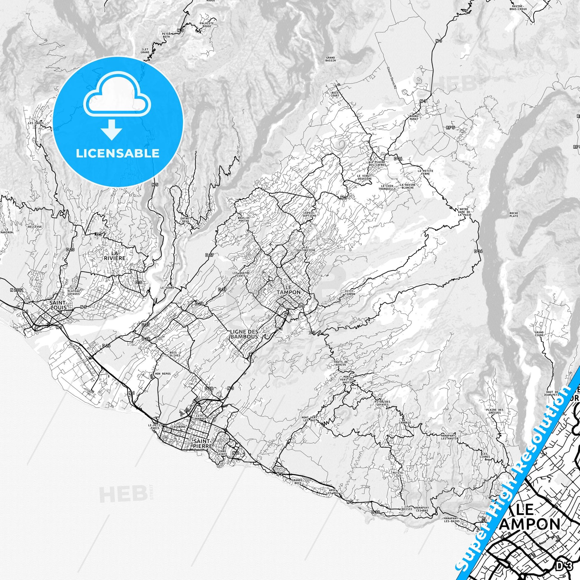 Le Tampon, France light map with streetnames, citynames and districts