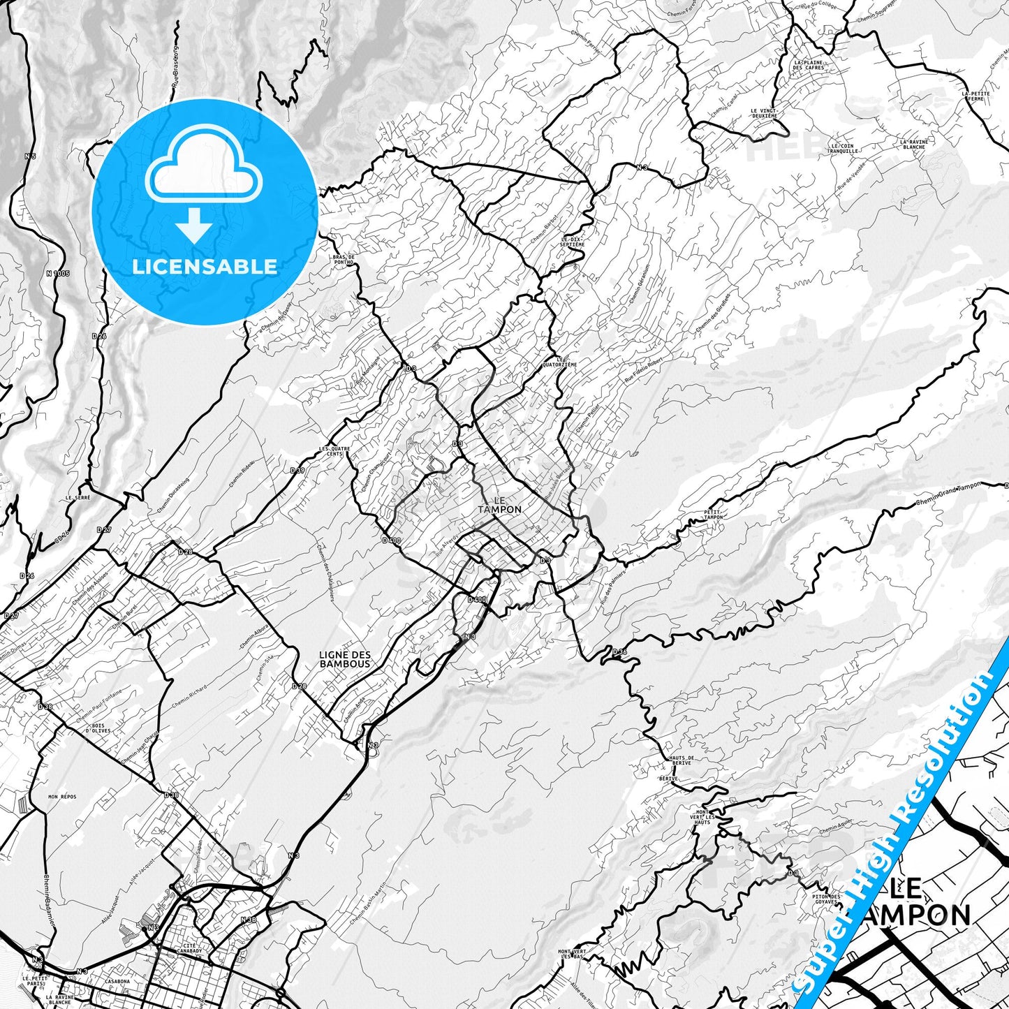 Le Tampon, France Light Map with Street Names, City Names, and Districts