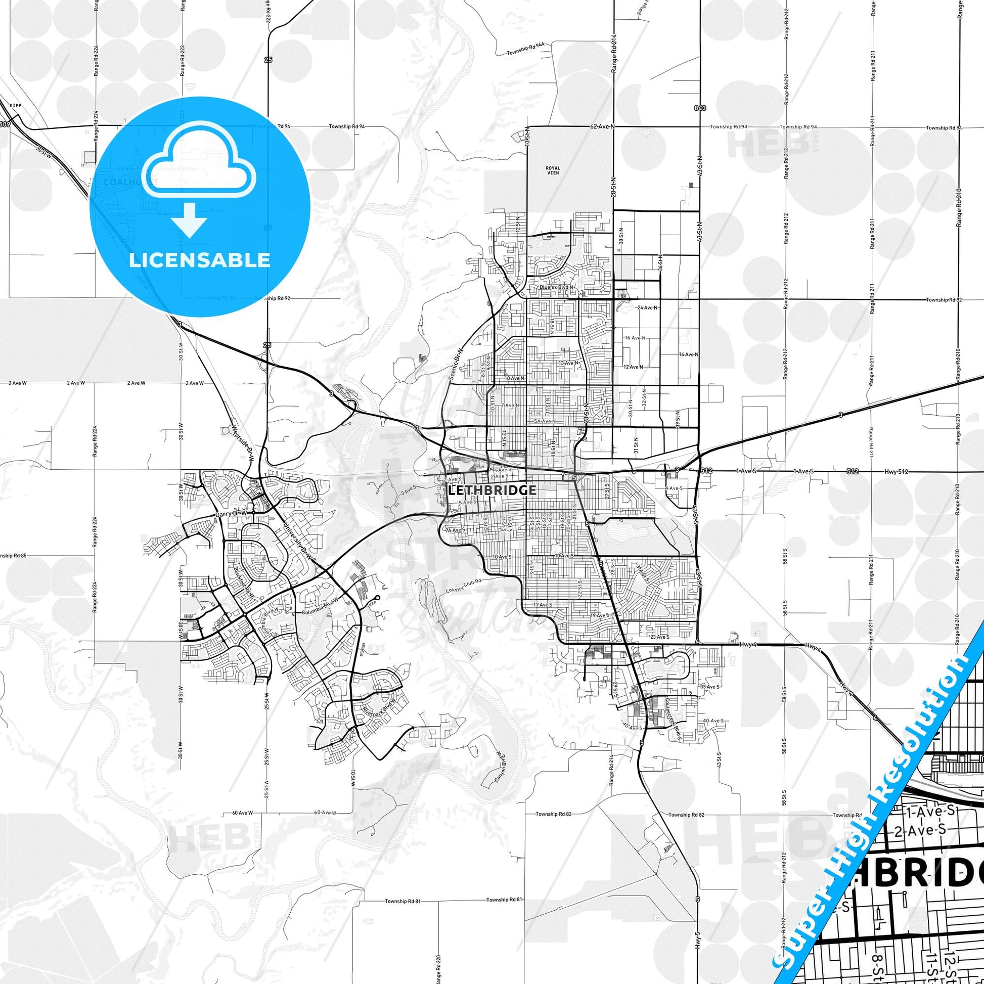 Lethbridge, Canada light map with streetnames, citynames and districts