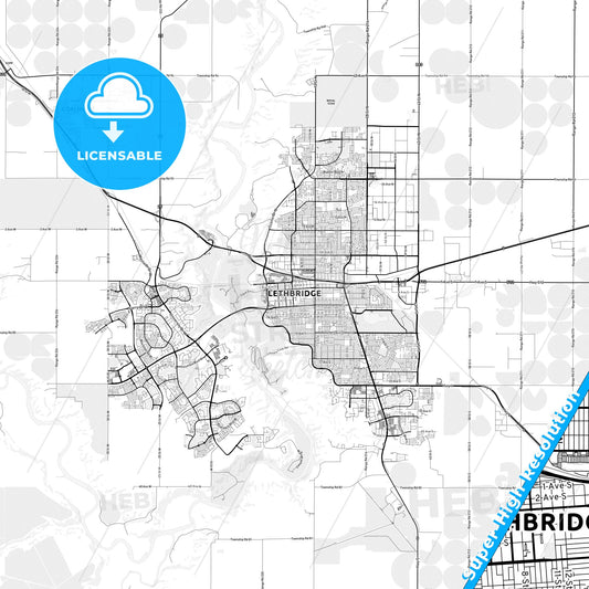 Lethbridge, Canada light map with streetnames, citynames and districts