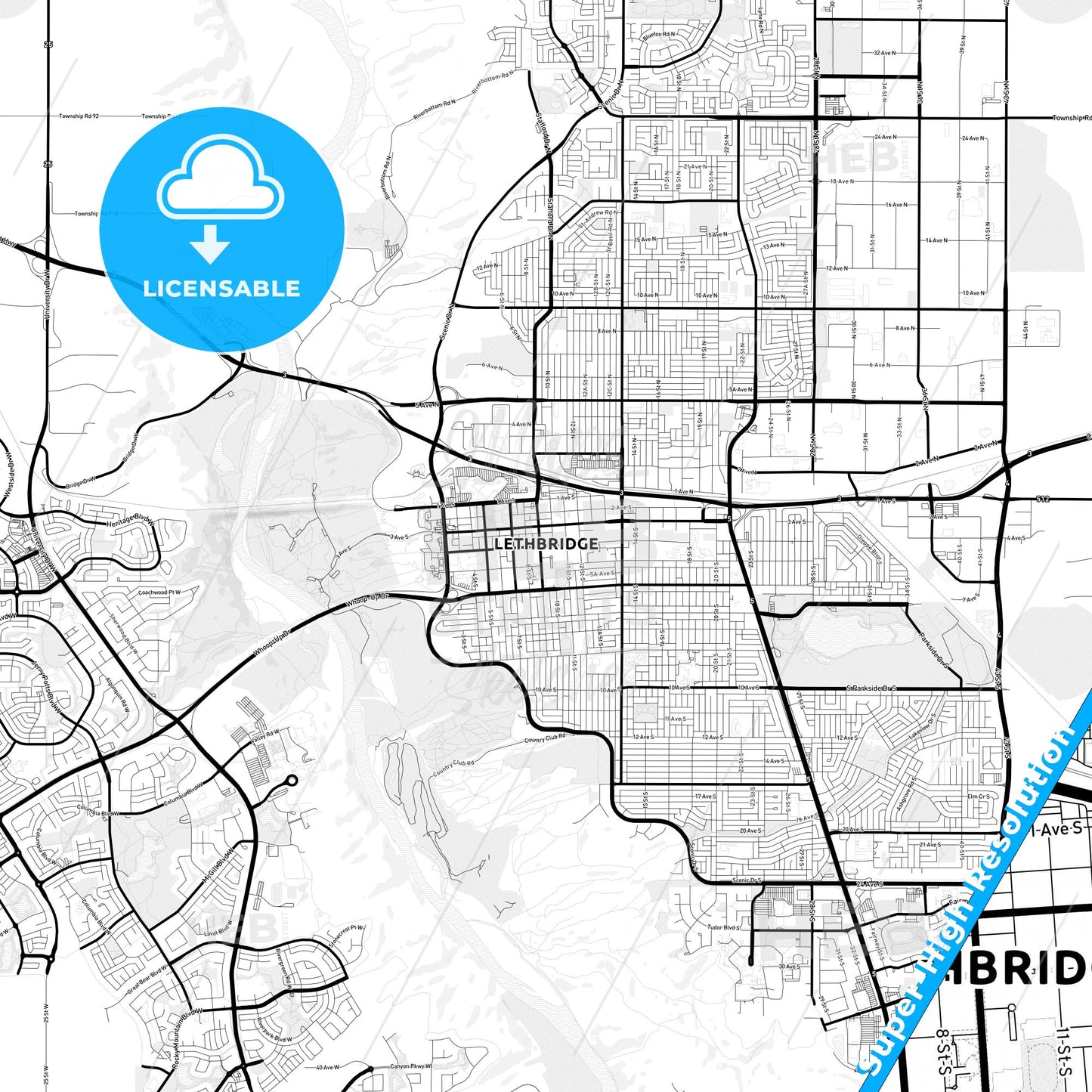 Lethbridge, Canada Light Map with Street Names, City Names, and Districts