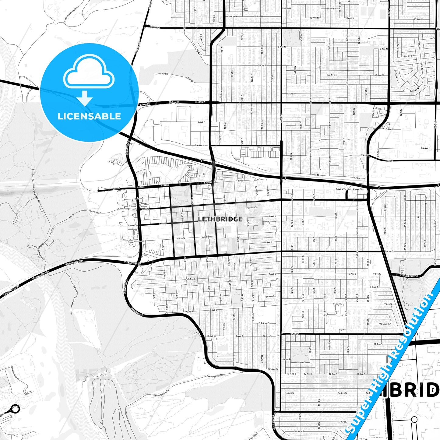 Lethbridge, Canada Light Map with Street Names, City Names, and Districts