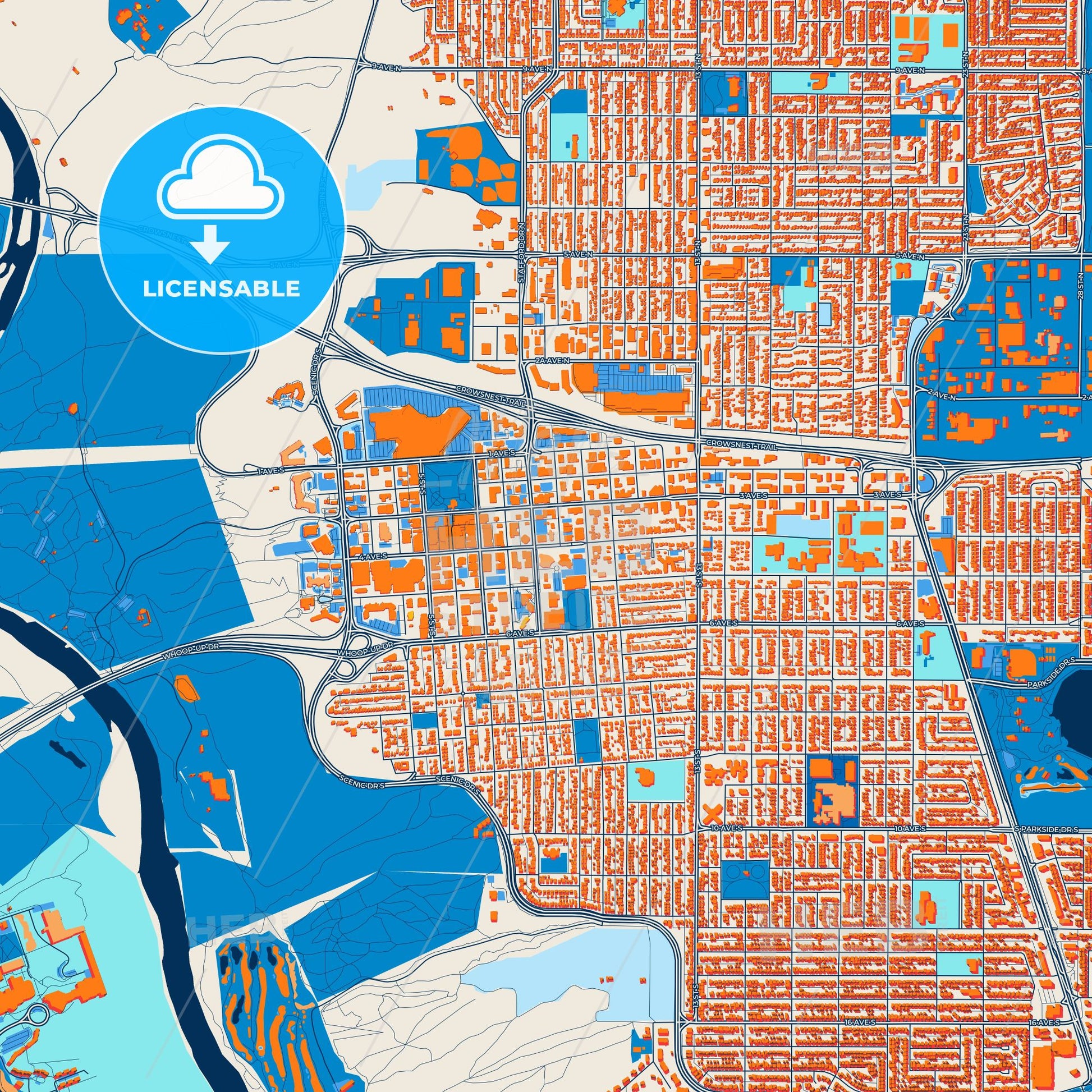 Colorful Lethbridge Street Map with Labels and Buildings