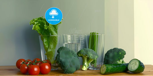 Vibrant Painting - Lettuce, Cucumber, Broccoli, Tomatoes, Glasses of Water on Kitchen Background