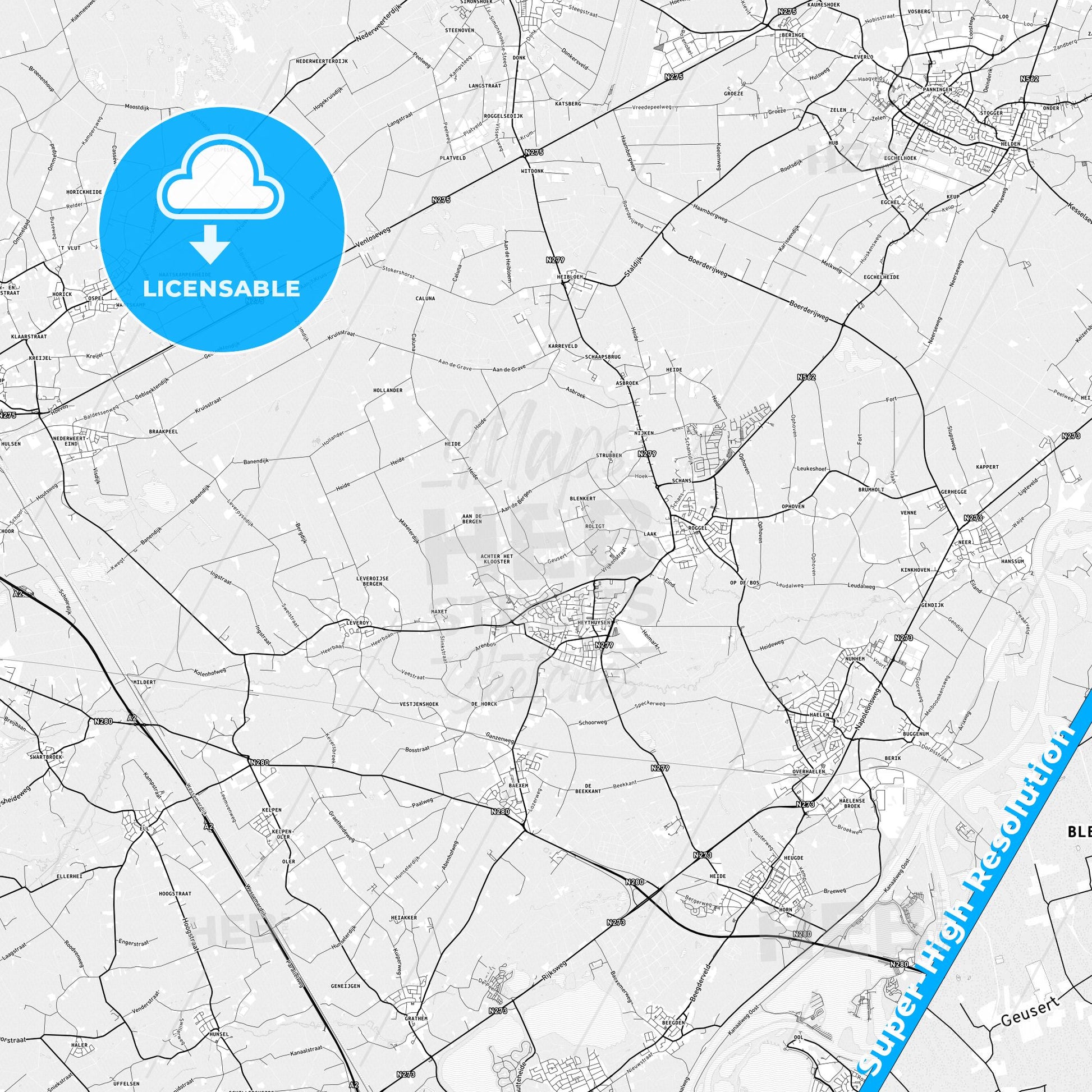 Leudal, Netherlands light map with streetnames, citynames and districts