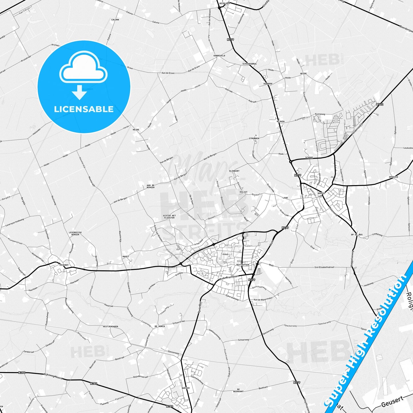 Leudal, Netherlands Light Map with Street Names, City Names, and Districts