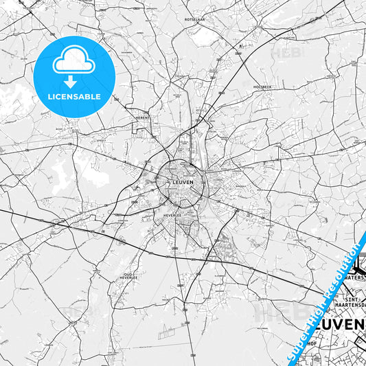 Leuven, Belgium light map with streetnames, citynames and districts
