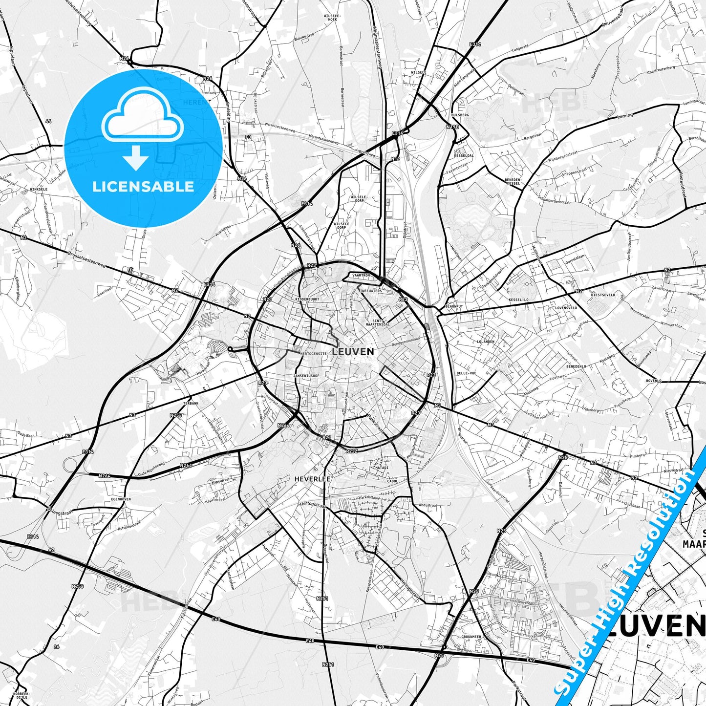 Leuven, Belgium Light Map with Street Names, City Names, and Districts