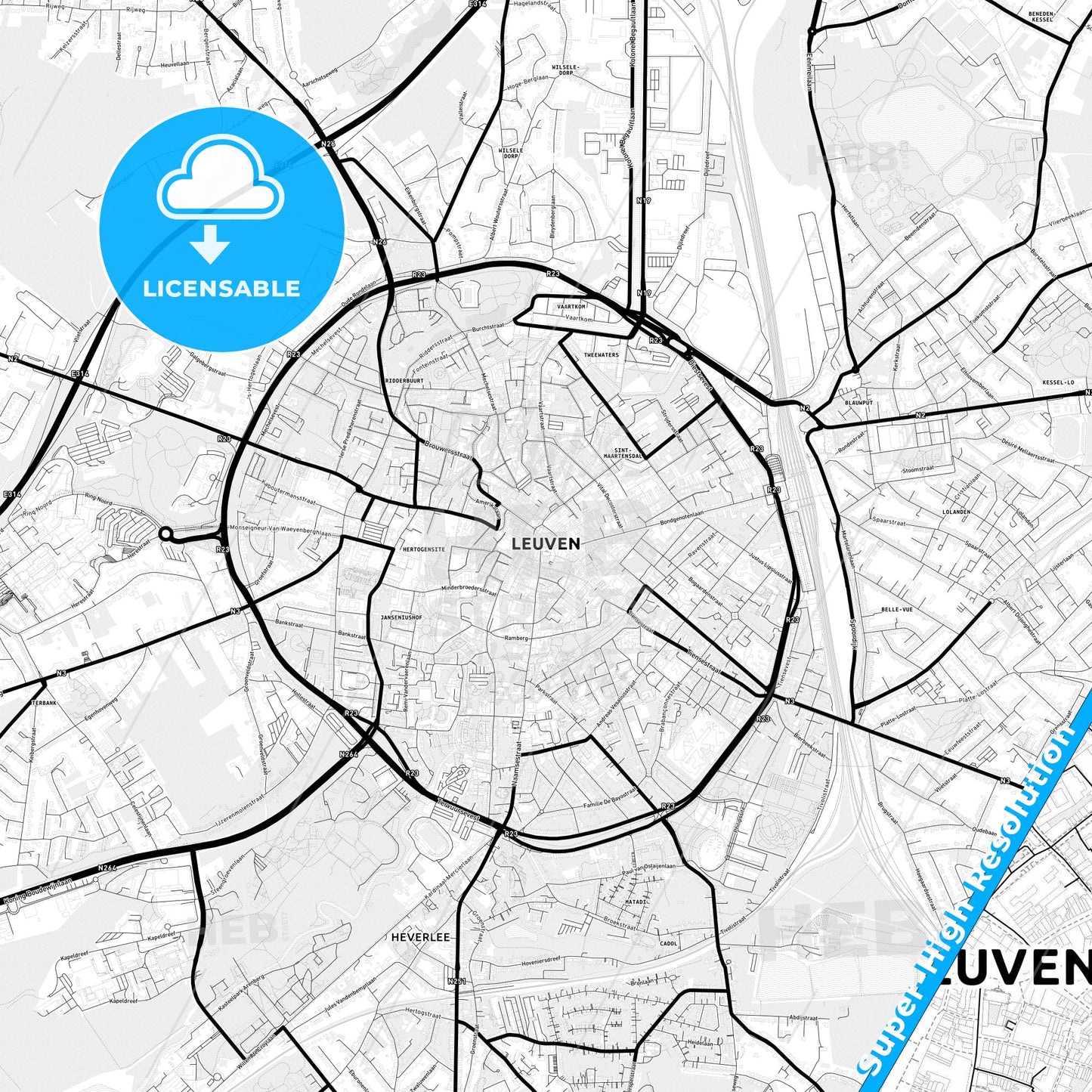 Leuven, Belgium Light Map with Street Names, City Names, and Districts