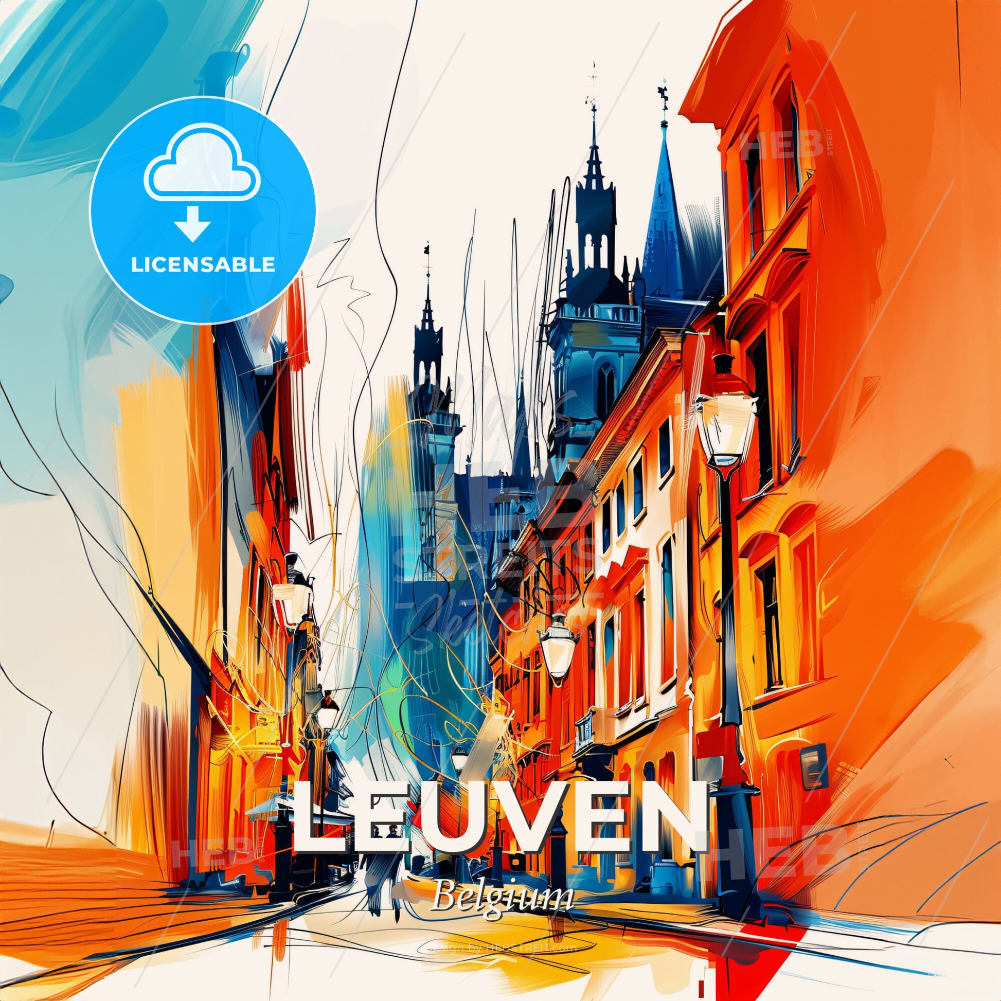 Vibrant Leuven , Belgium - A Street With Buildings And People Walking - Square format print template