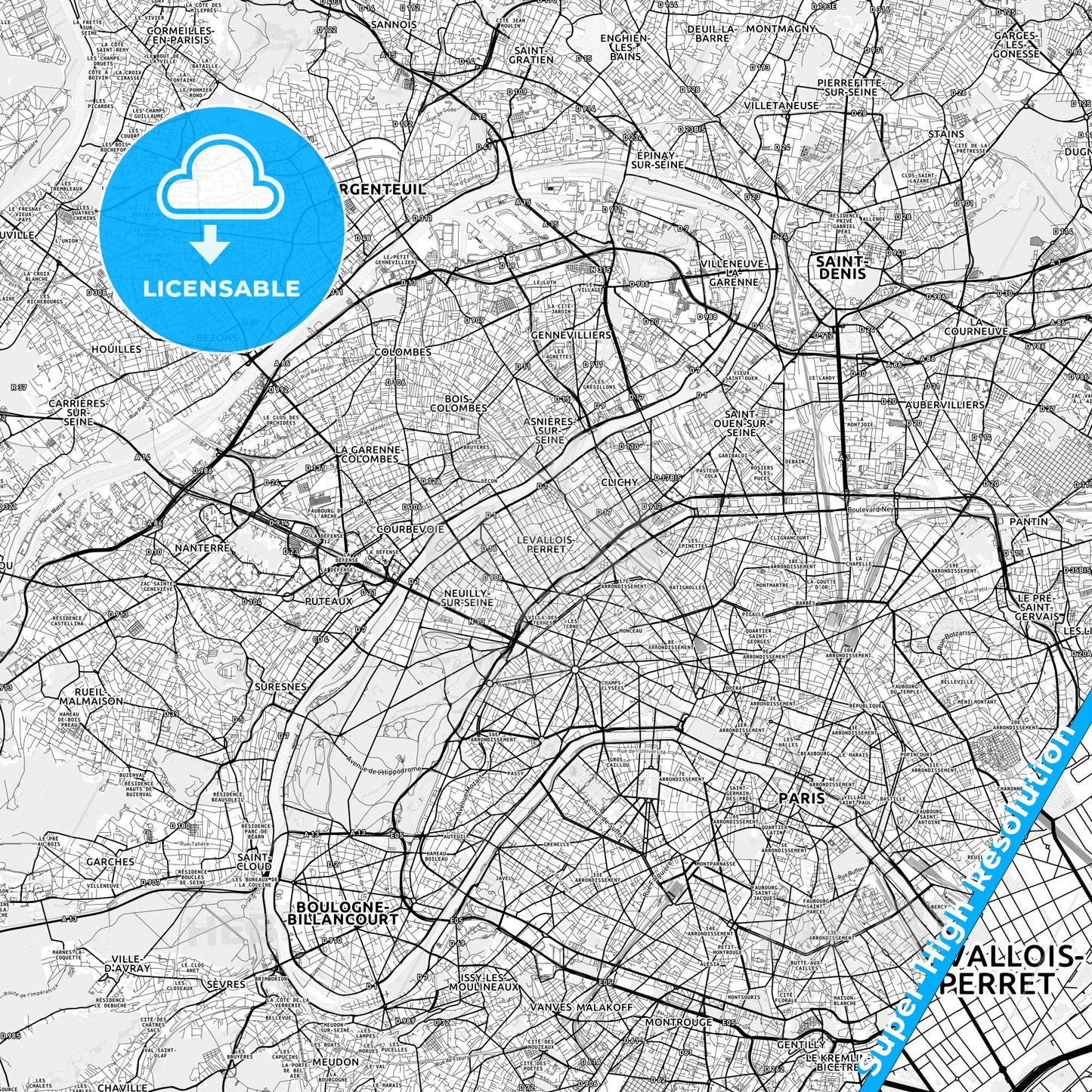 Levallois-Perret, France light map with streetnames, citynames and districts