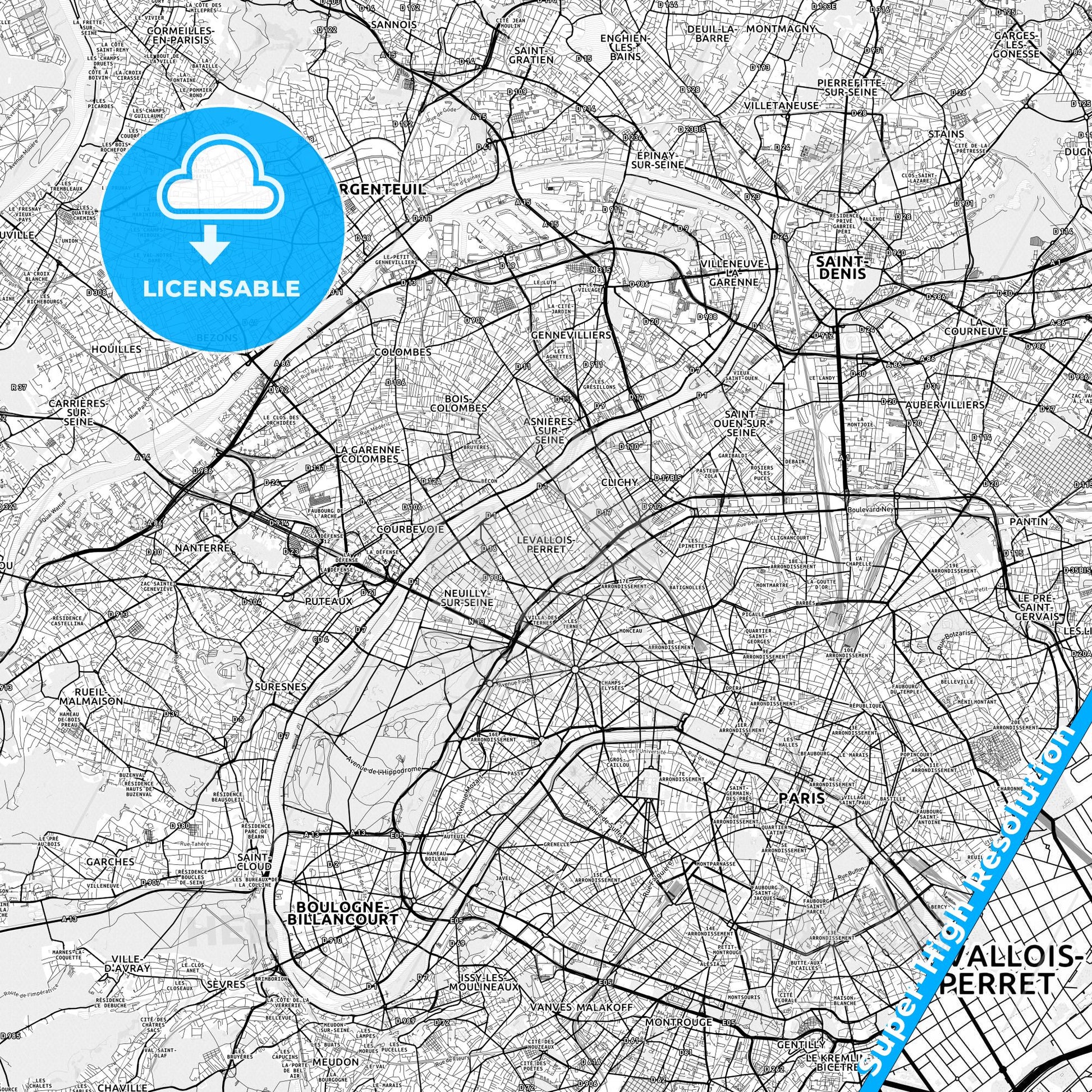 Levallois-Perret, France light map with streetnames, citynames and districts