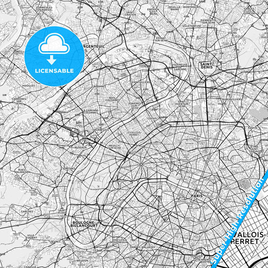 Levallois-Perret, France light map with streetnames, citynames and districts