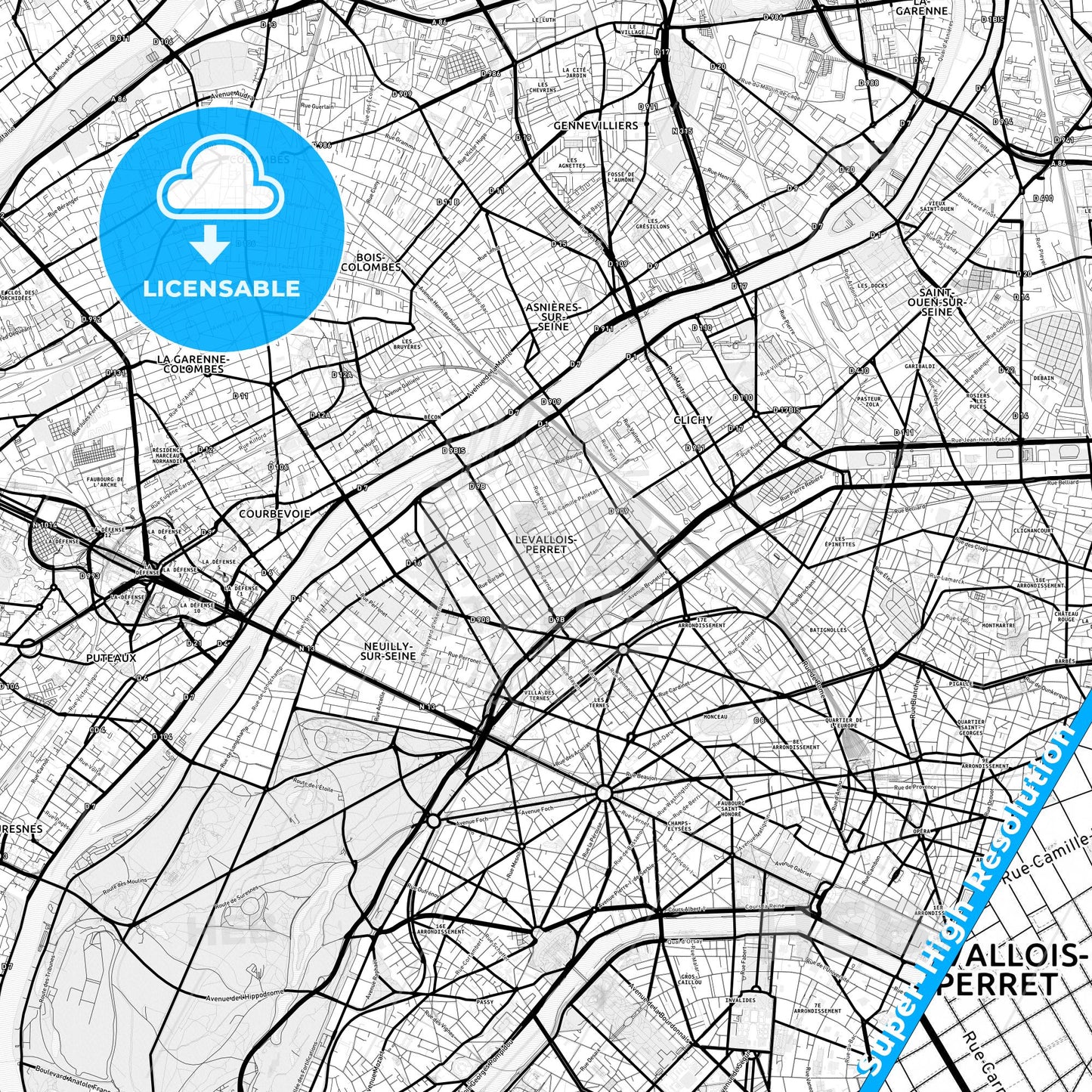 Levallois-Perret, France Light Map with Street Names, City Names, and Districts