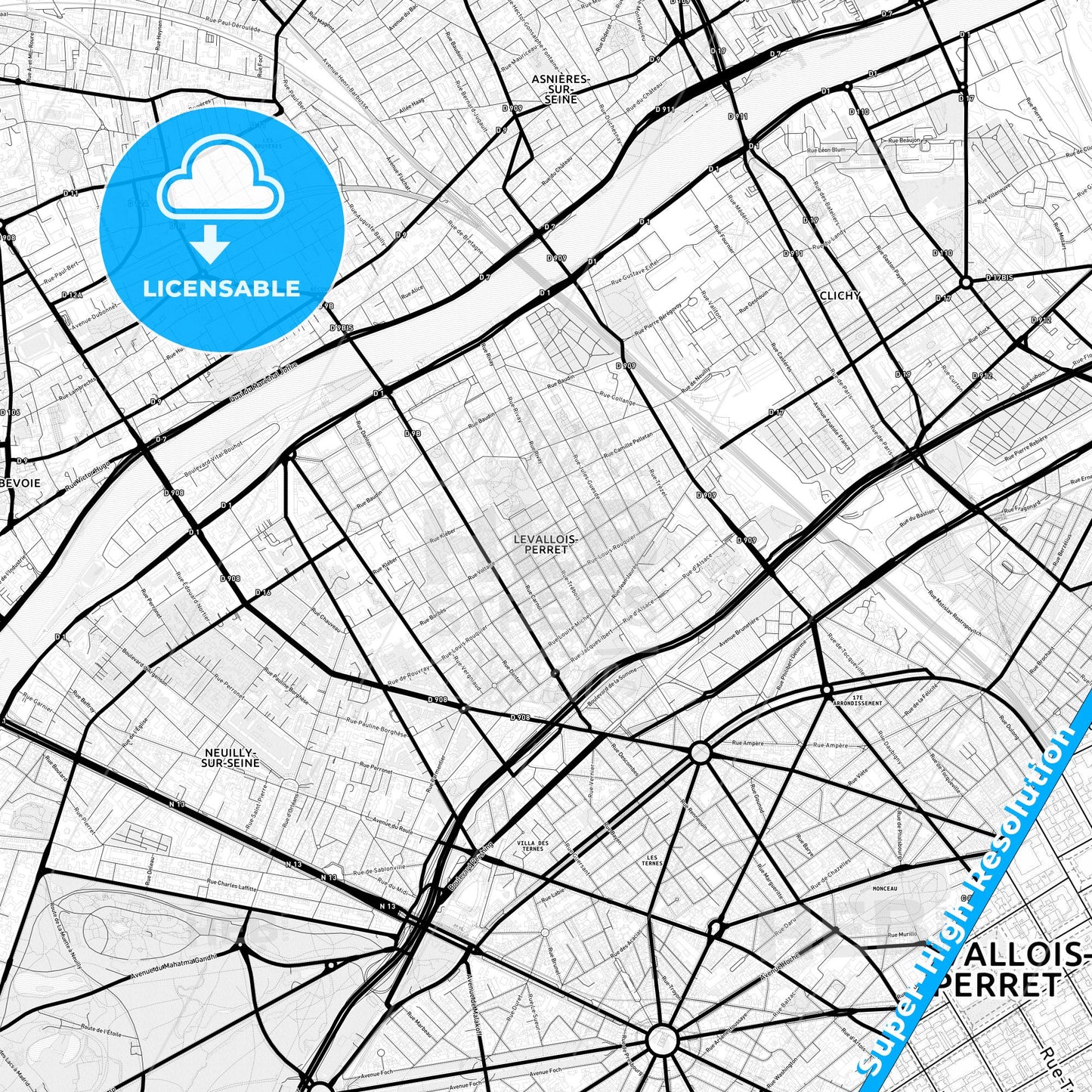 Levallois-Perret, France Light Map with Street Names, City Names, and Districts
