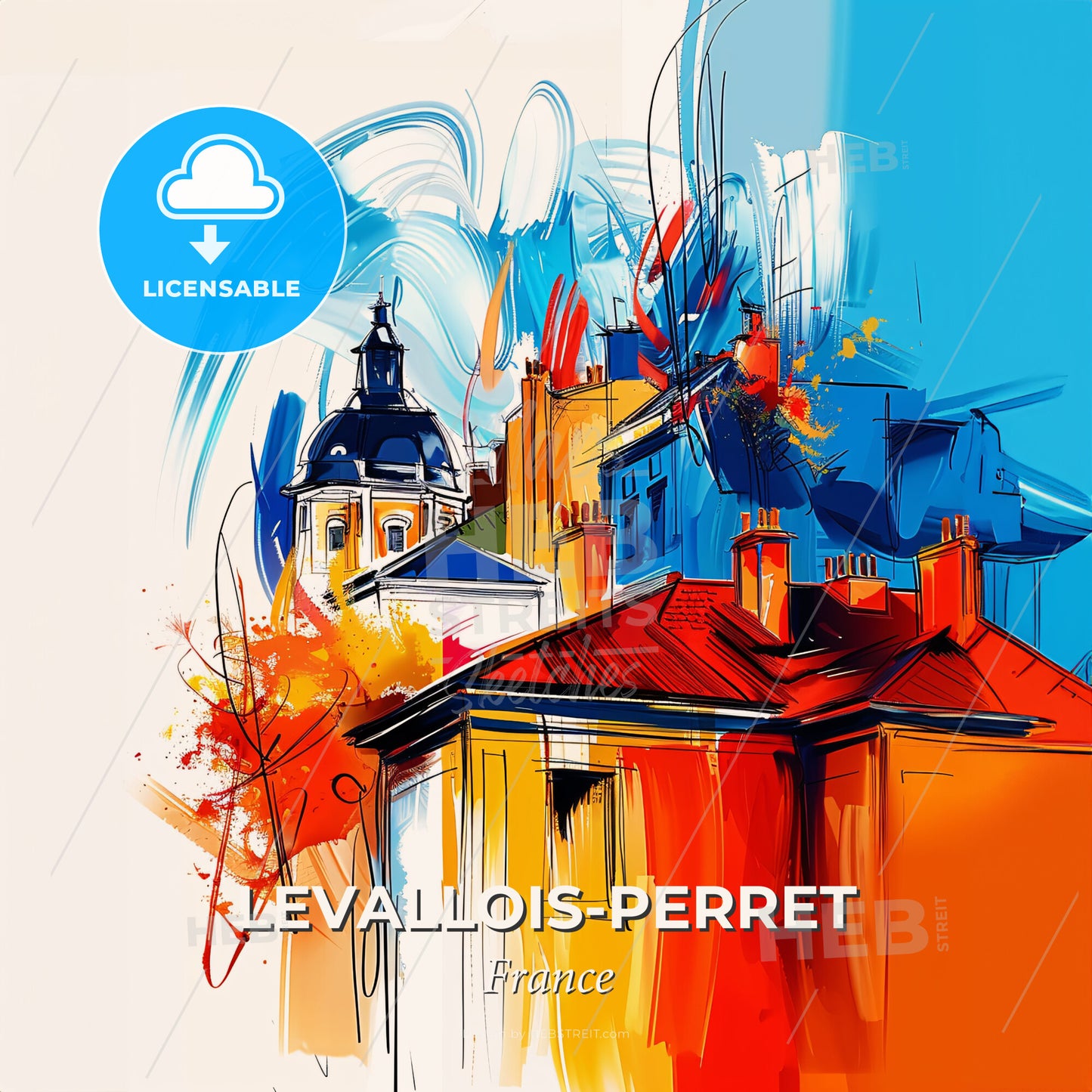 Vibrant Levallois-Perret, France - A Painting Of Buildings And A Blue And Red Sky - Square format print template