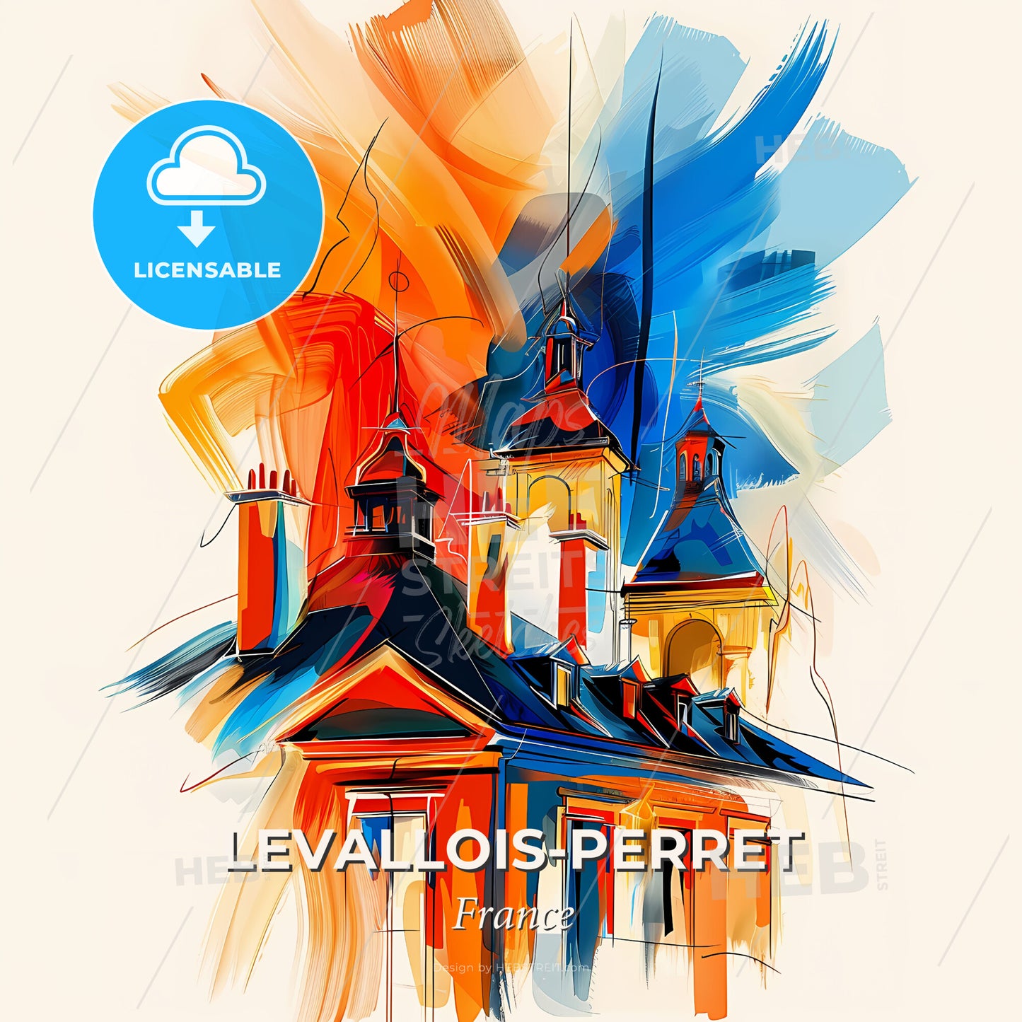 Vibrant Levallois-Perret, France - A Painting Of A Building With A Colorful Background - Square format print template