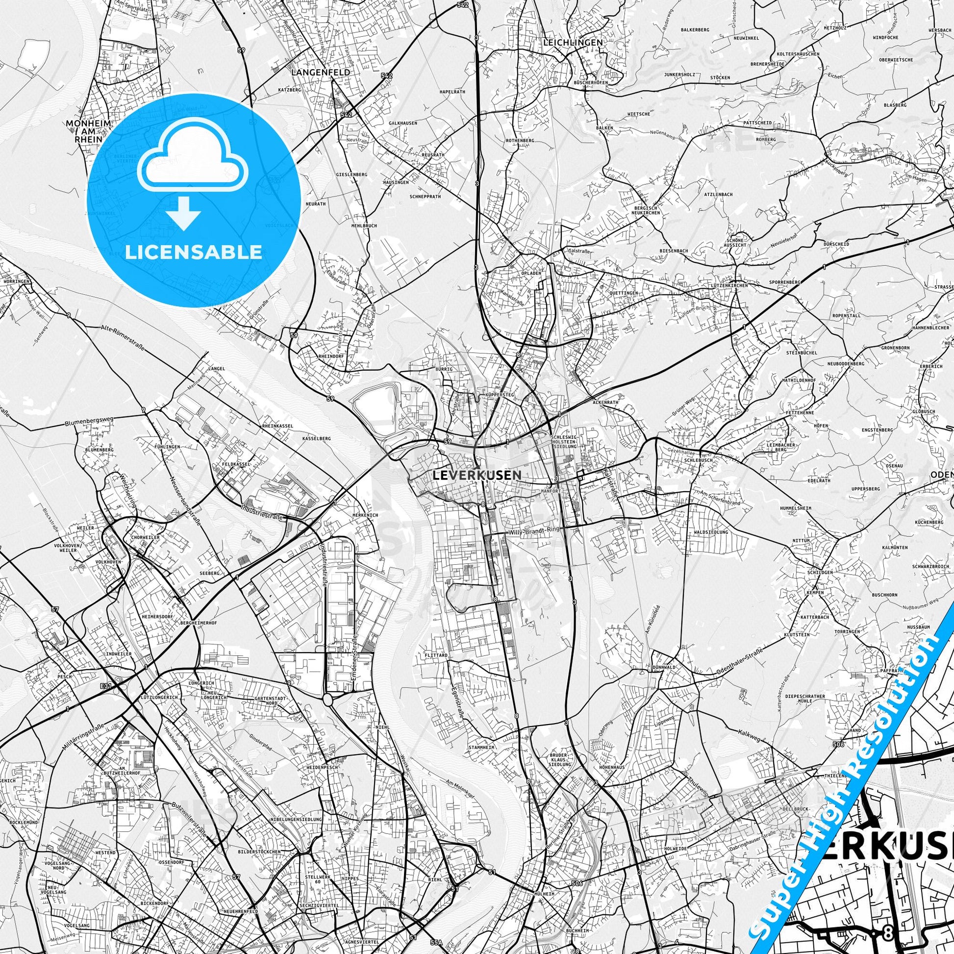 Leverkusen, Germany light map with streetnames, citynames and districts