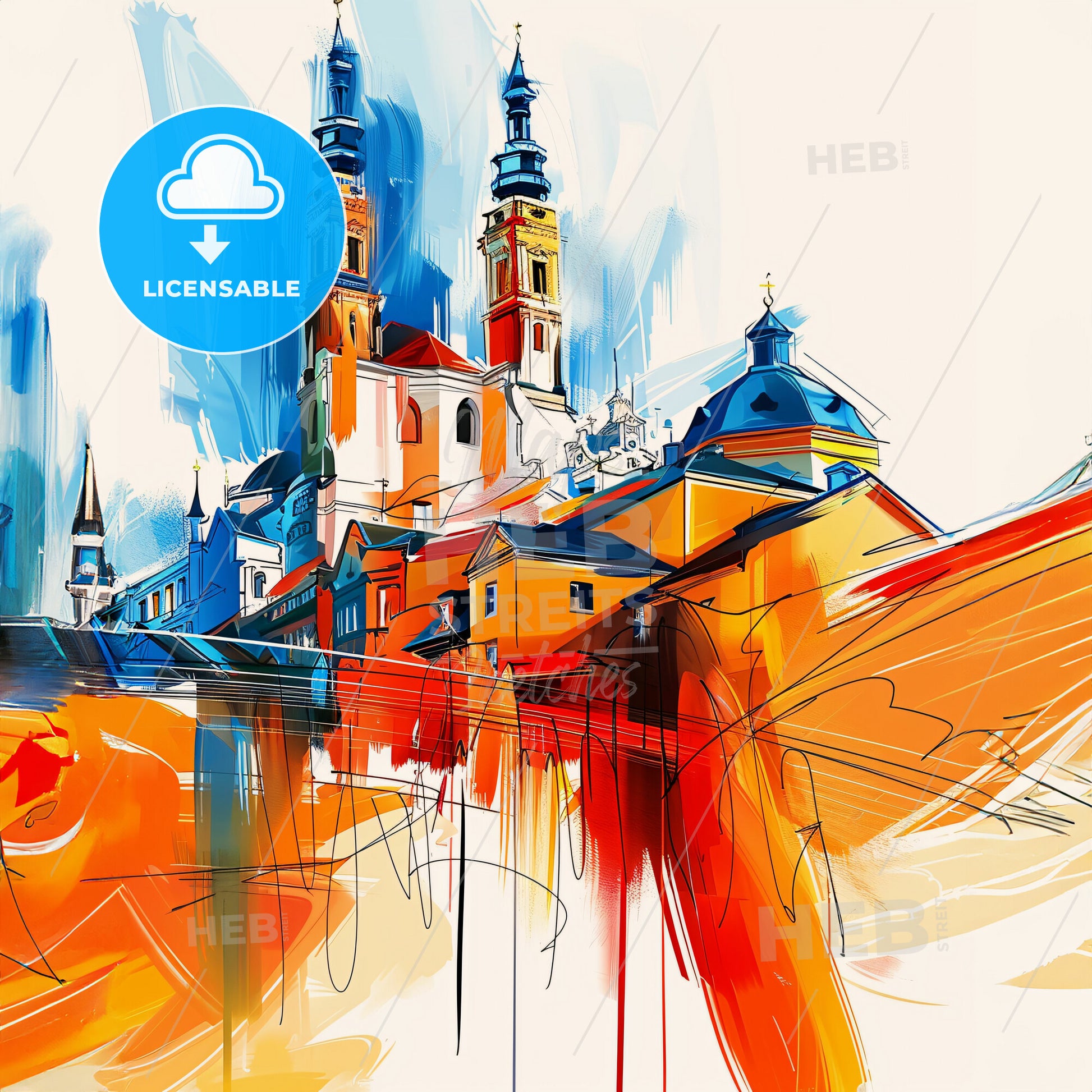 Vibrant Leverkusen, Germany - A Painting Of A Building With Towers