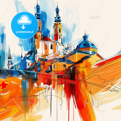 Vibrant Leverkusen, Germany - A Painting Of A Building With Towers