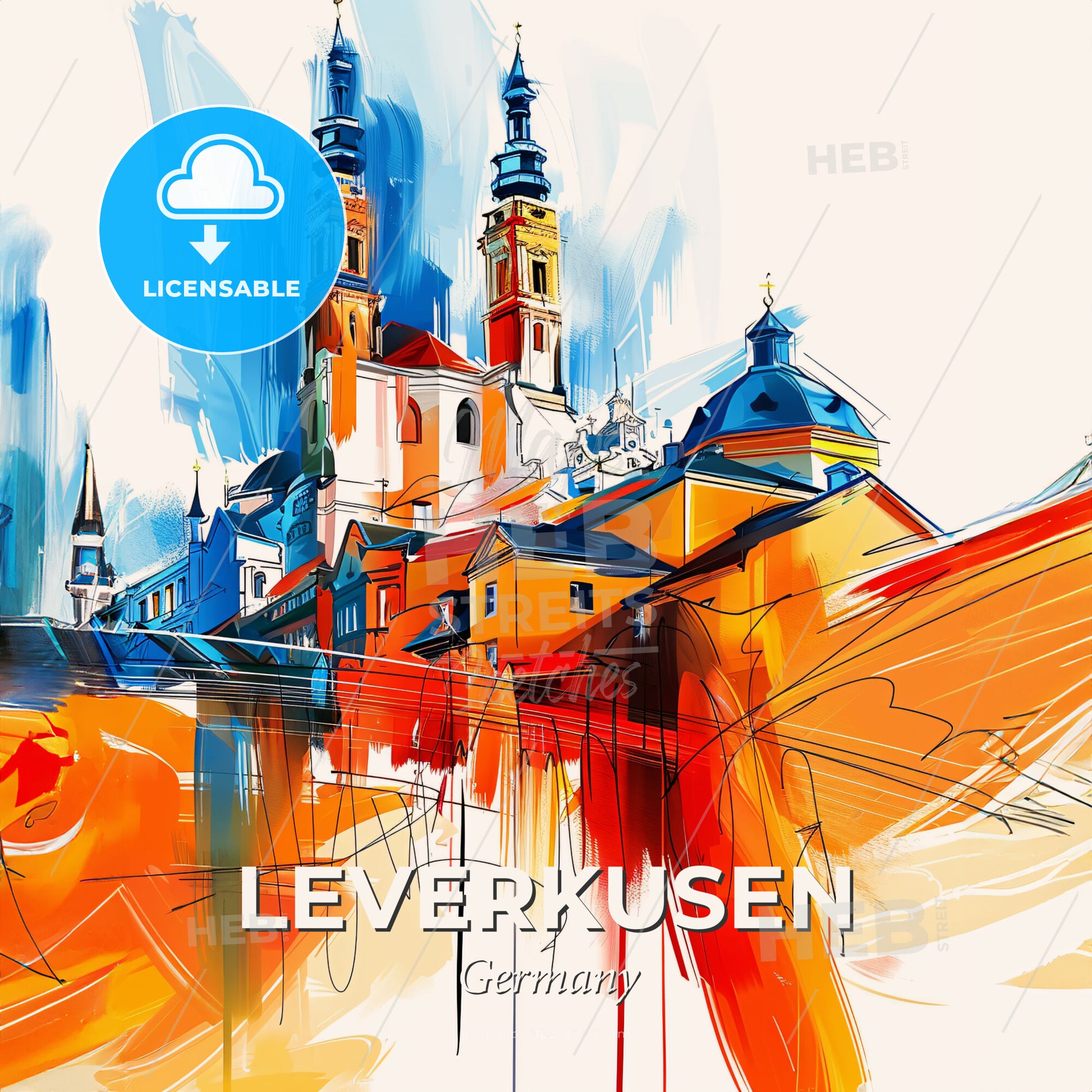 Vibrant Leverkusen, Germany - A Painting Of A Building With Towers - Square format print template